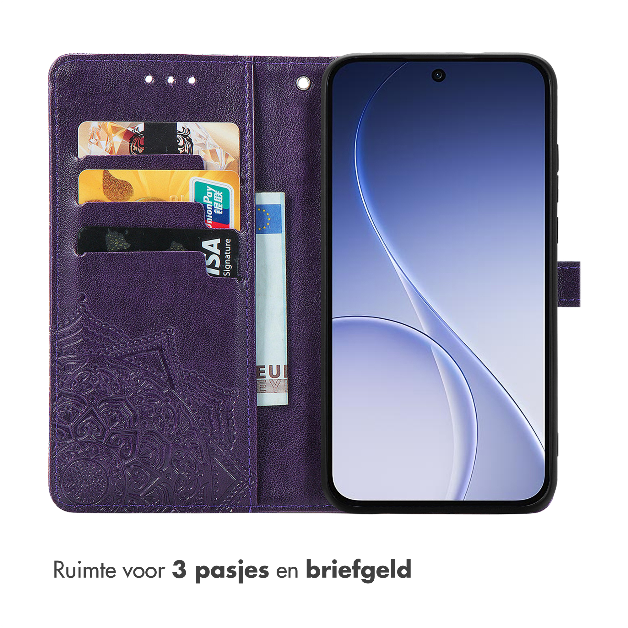 Étui de téléphone violet avec fentes pour cartes et poche pour argent à côté d'un smartphone.