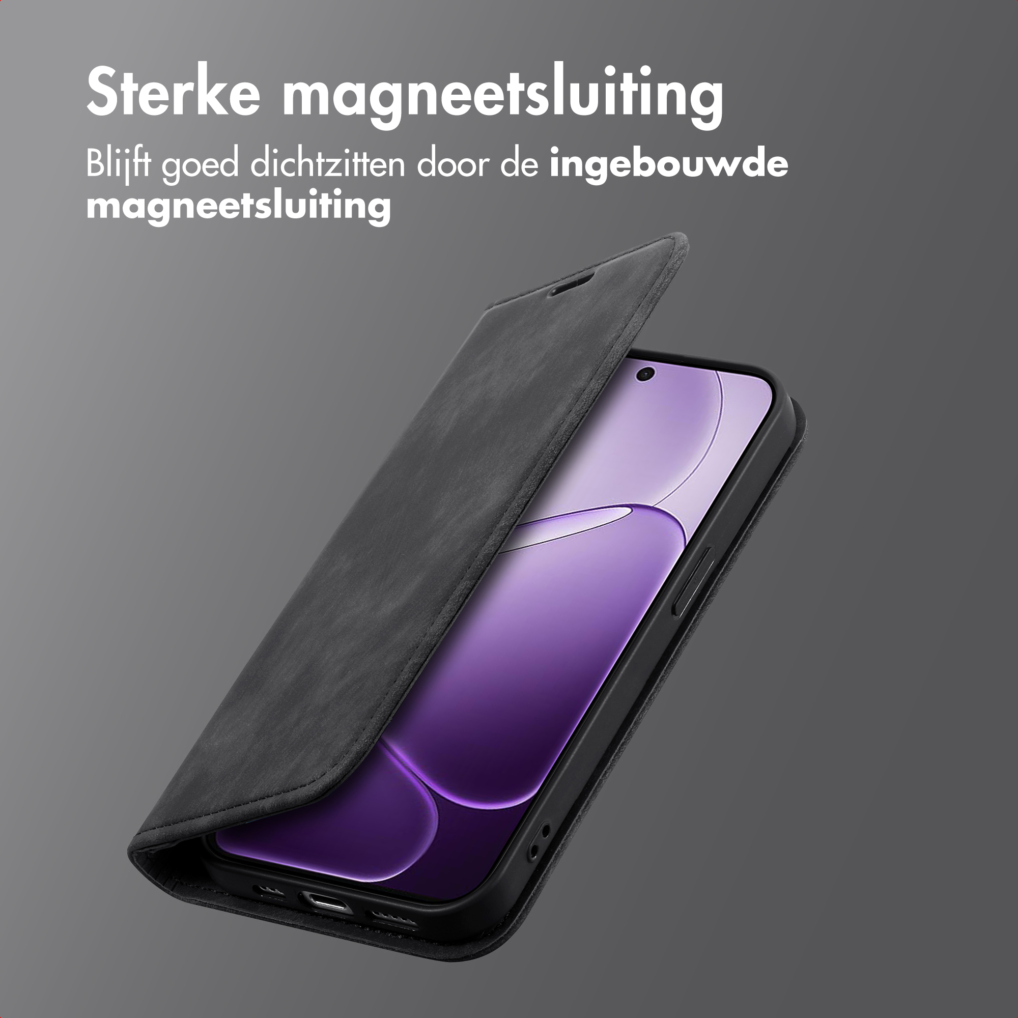 Zwarte flip telefoonhoes met magnetische sluiting, onthult deel van paars scherm.