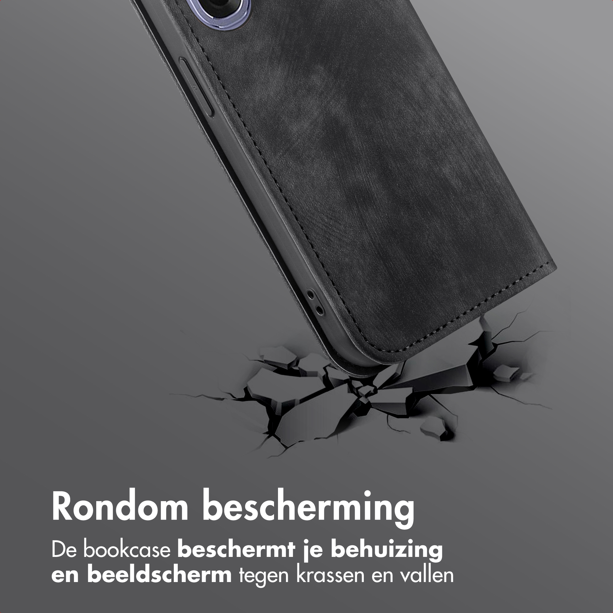 Zwarte telefoonhoes op gebarsten ondergrond, bescherming suggererend.