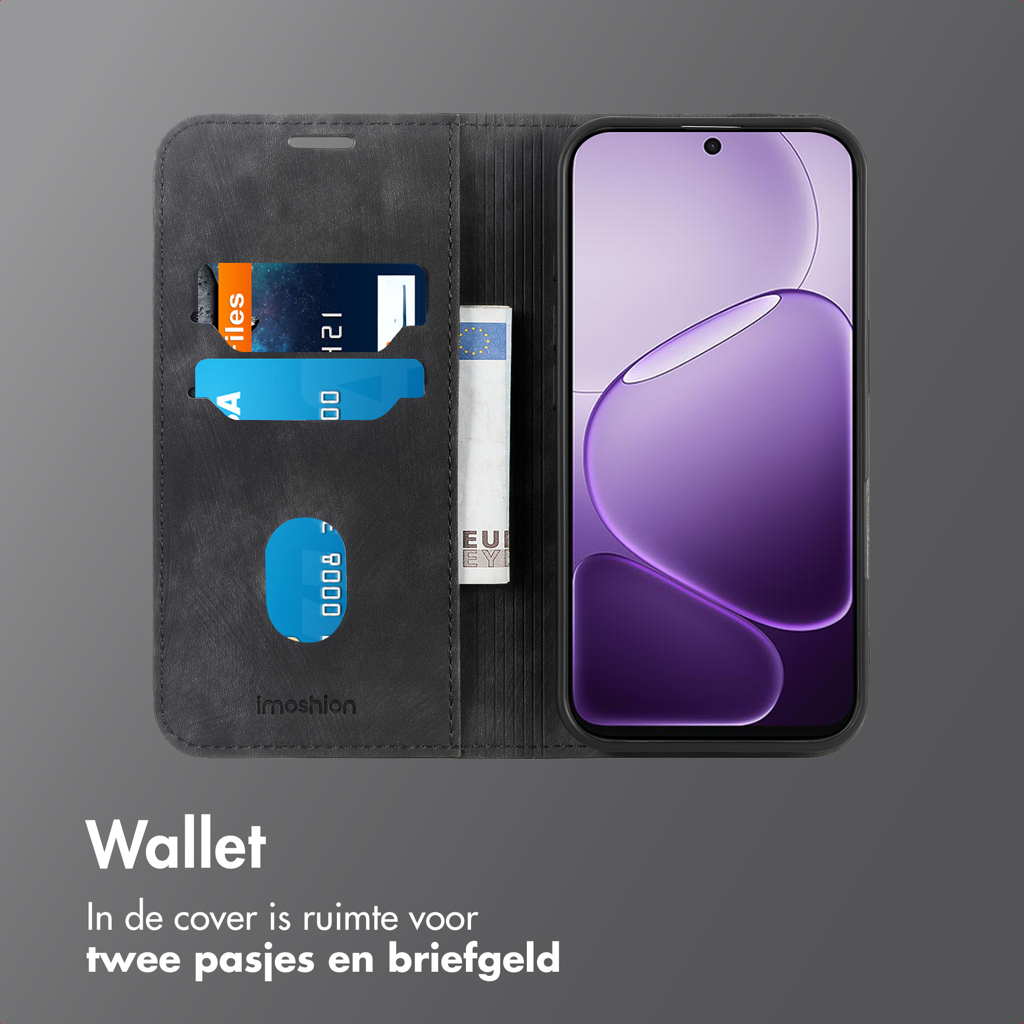 Zwarte telefoonhoes met kaartsleuven en eurobankbiljet. Paars scherm.