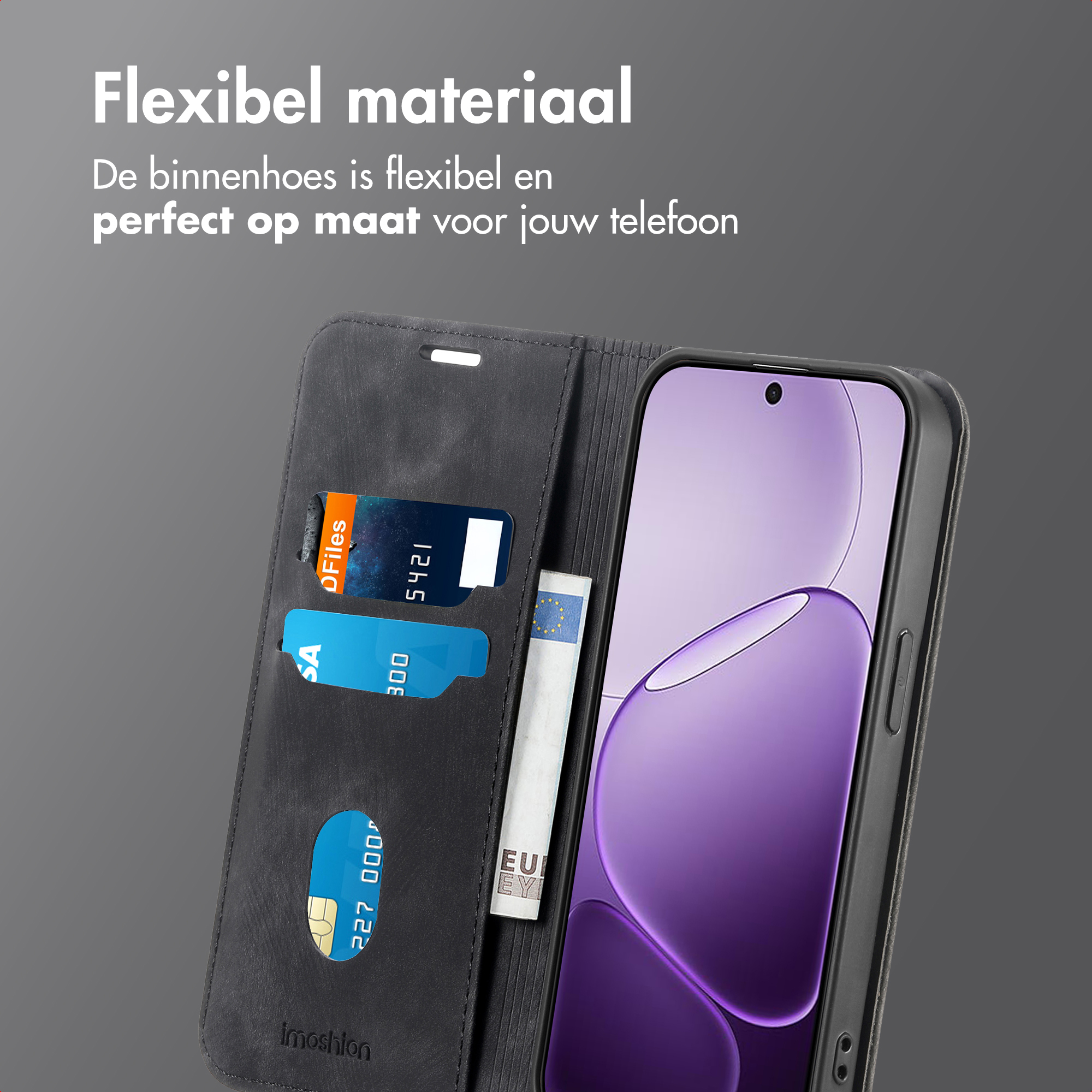 Zwart telefoon flipcase met kaarthouders, bankbiljetten en telefoon.