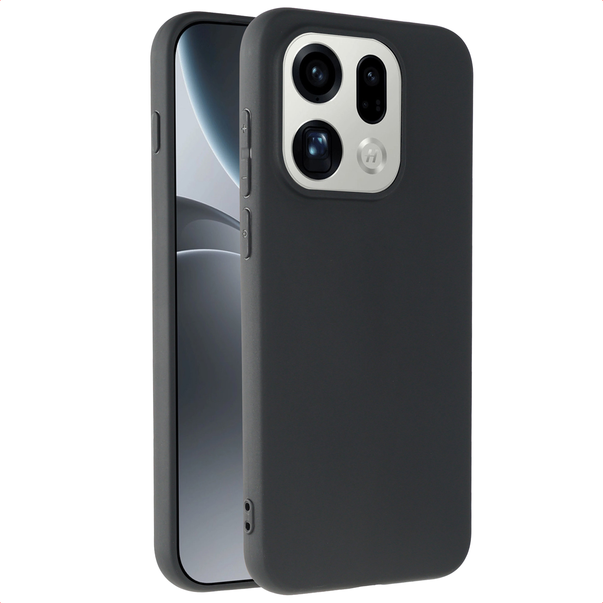 Coque de téléphone gris foncé avec triple appareil photo et cadre argenté.