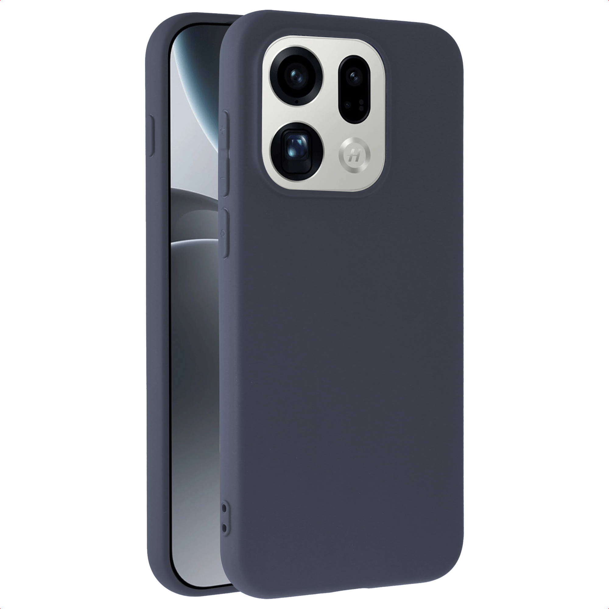 Donkergrijs telefoonhoesje met cameralenzen en een H-logo.