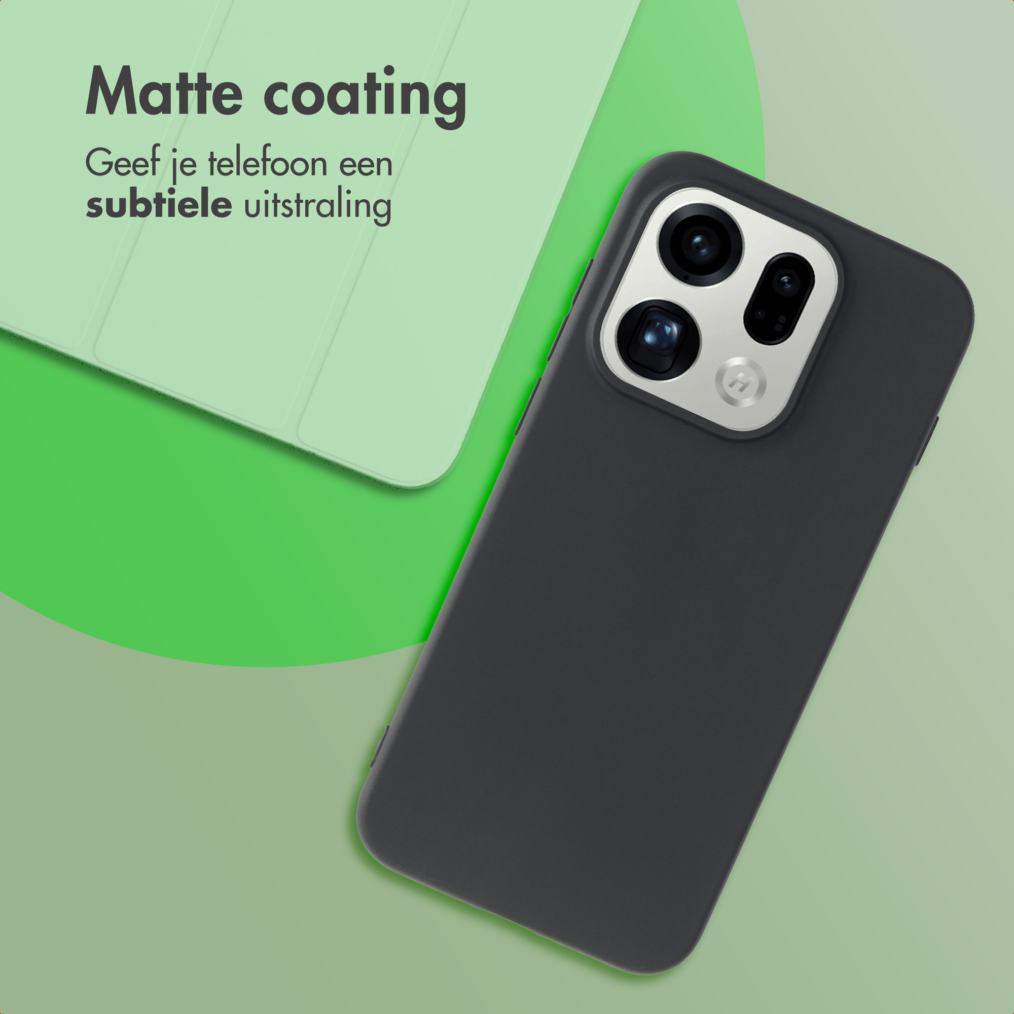 Téléphone gris foncé finition mate et objectifs de caméra sur fond vert clair.
