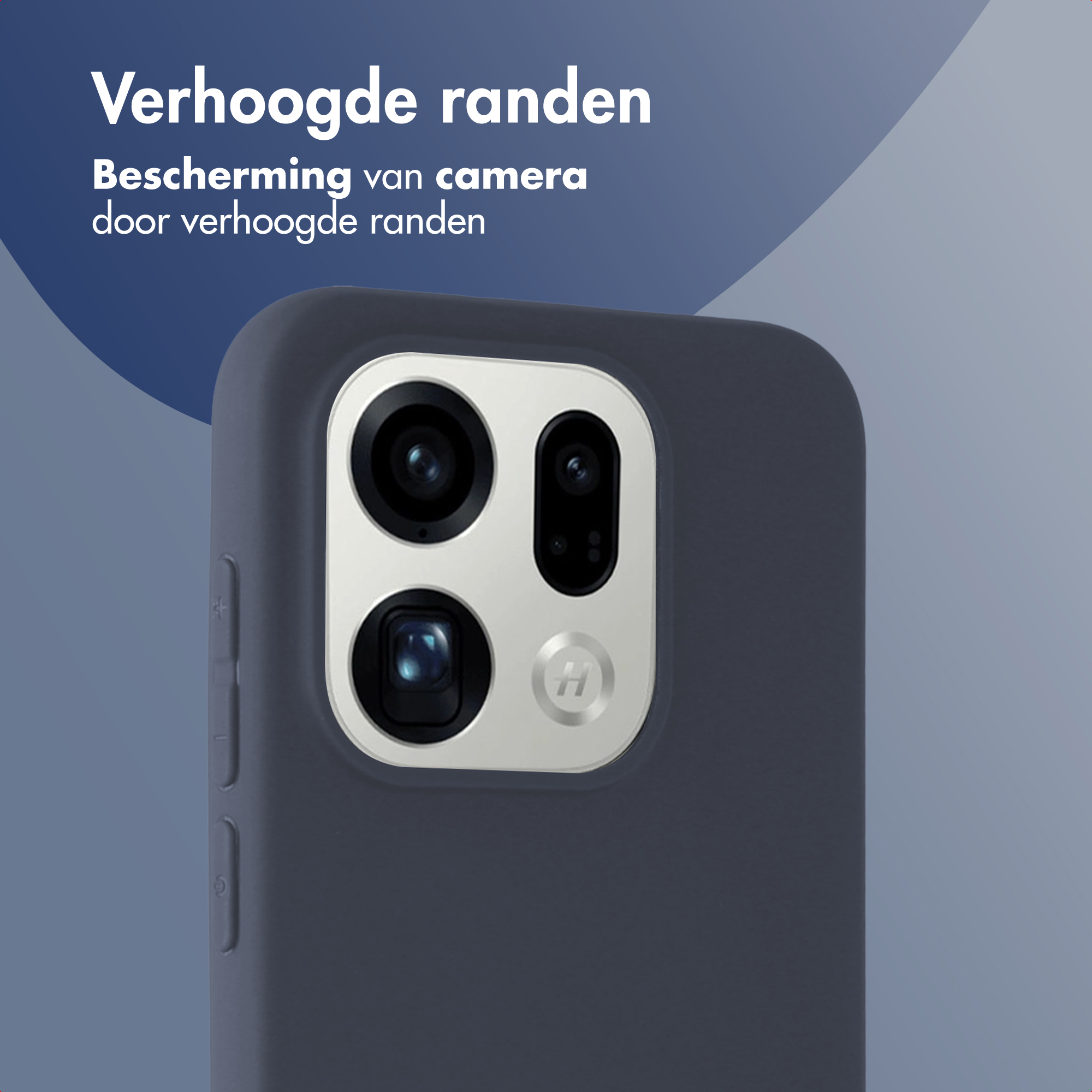 Donkergrijs telefoonhoesje met drievoudige cameralens en verhoogde randen.