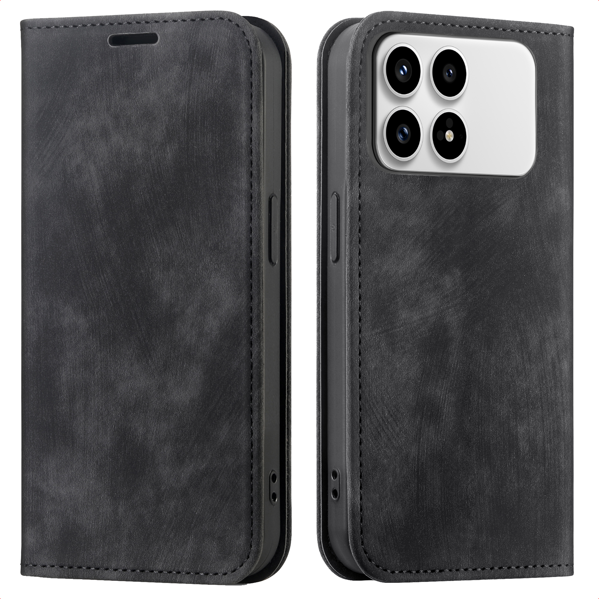 Étui de téléphone en cuir noir ouvert, montrant quatre caméras au dos.