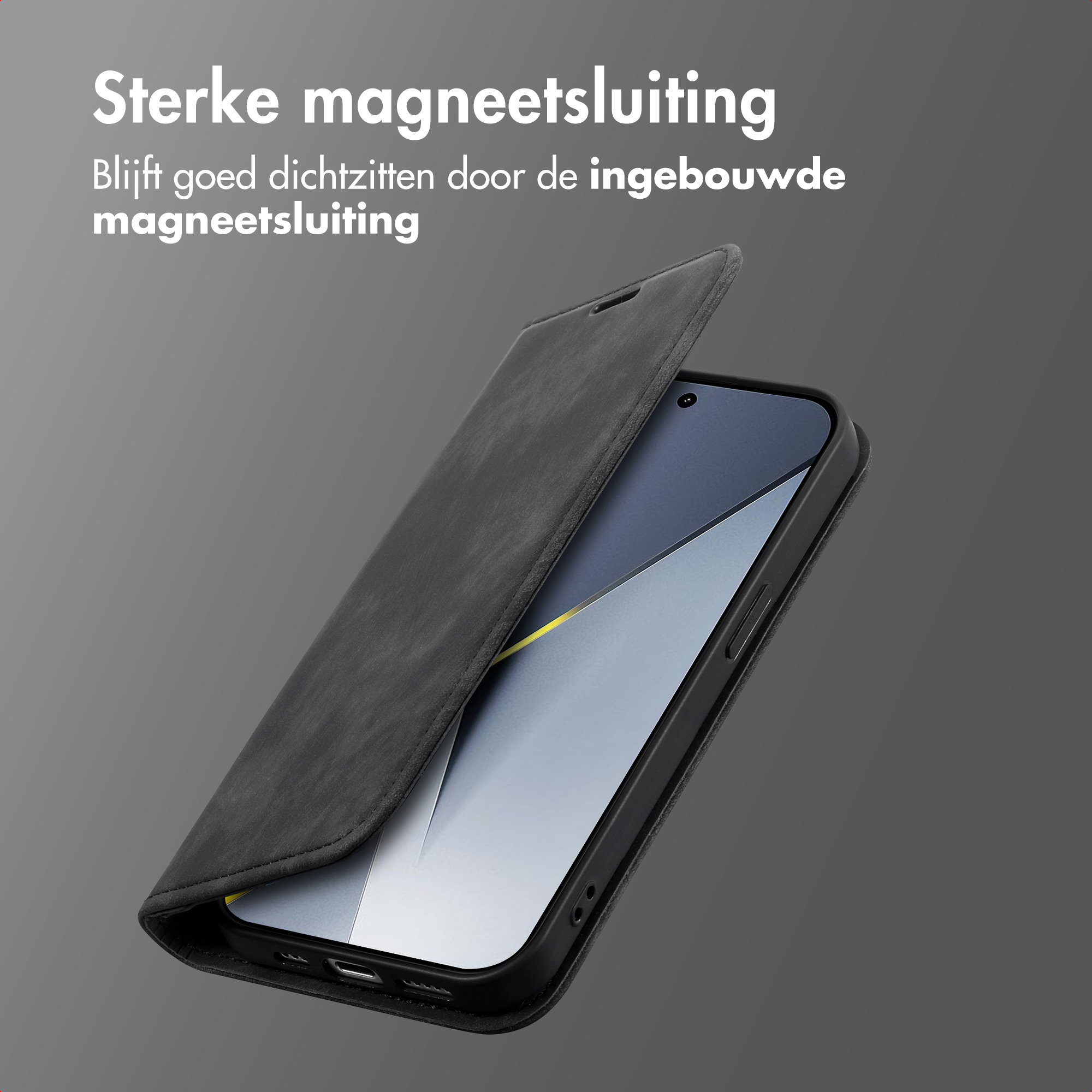 Un téléphone noir dans un étui à rabat ouvert avec fermeture magnétique.