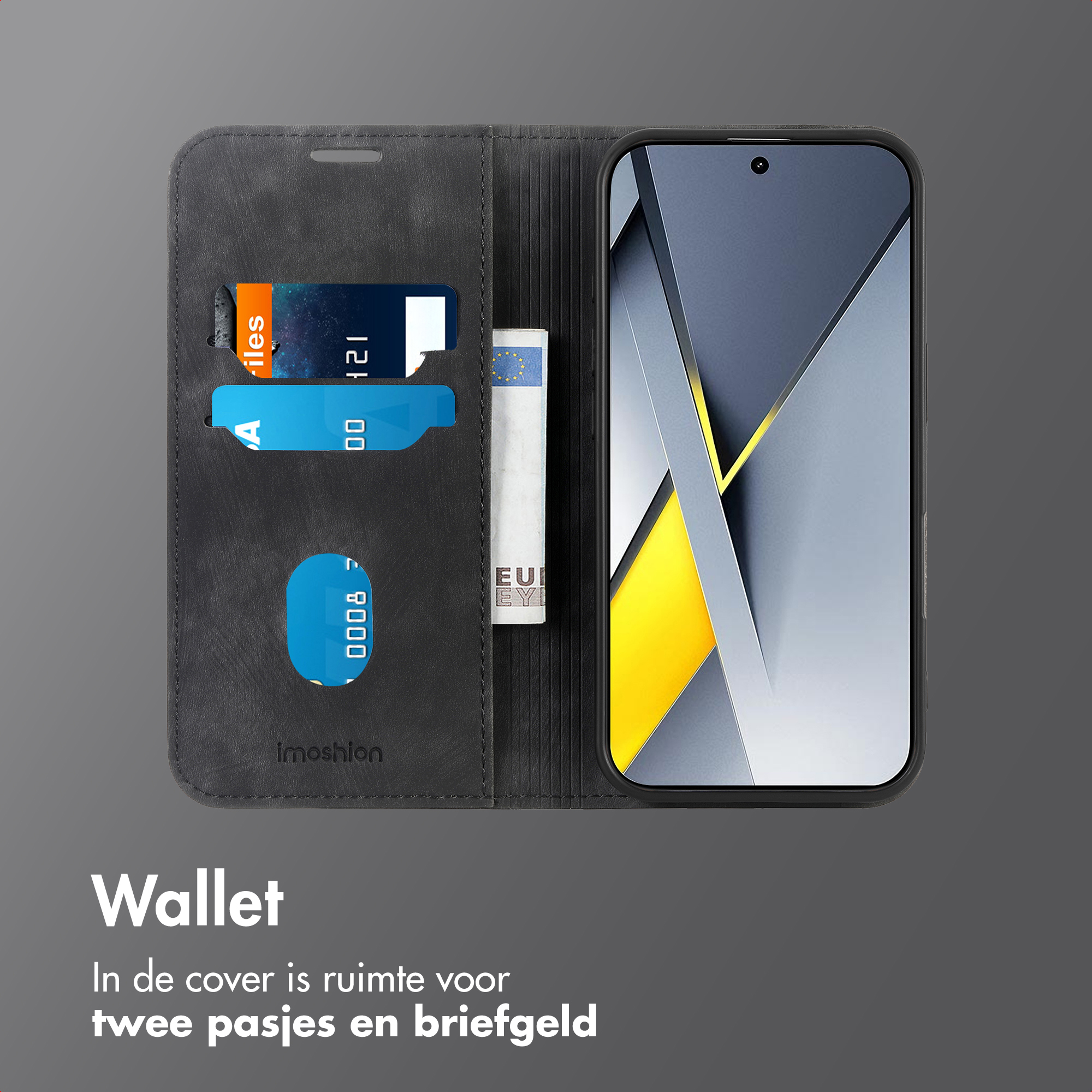 Étui portefeuille noir pour téléphone avec fentes pour cartes et compartiment à billets.
