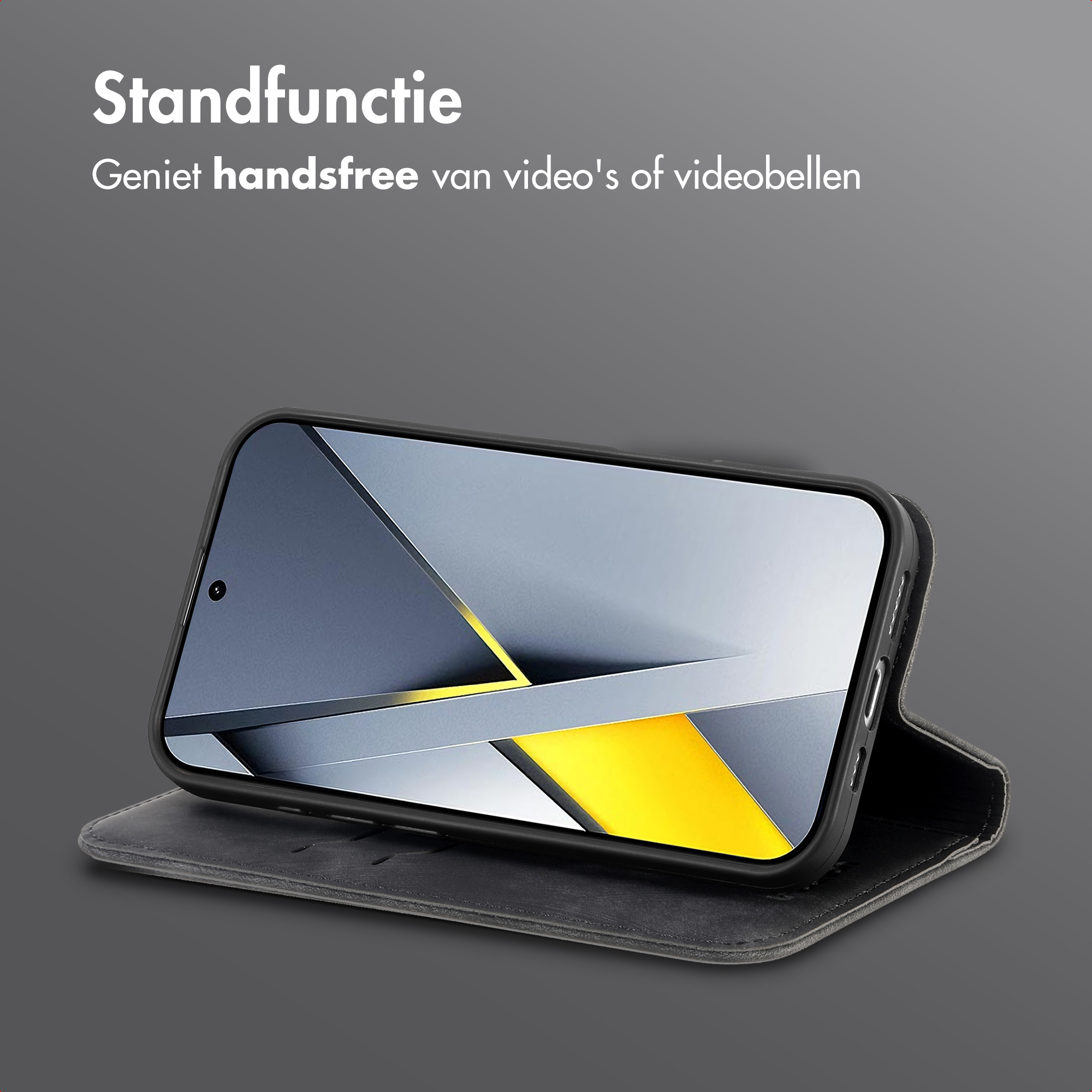 Un smartphone dans un étui à rabat en cuir gris, utilisé comme support.