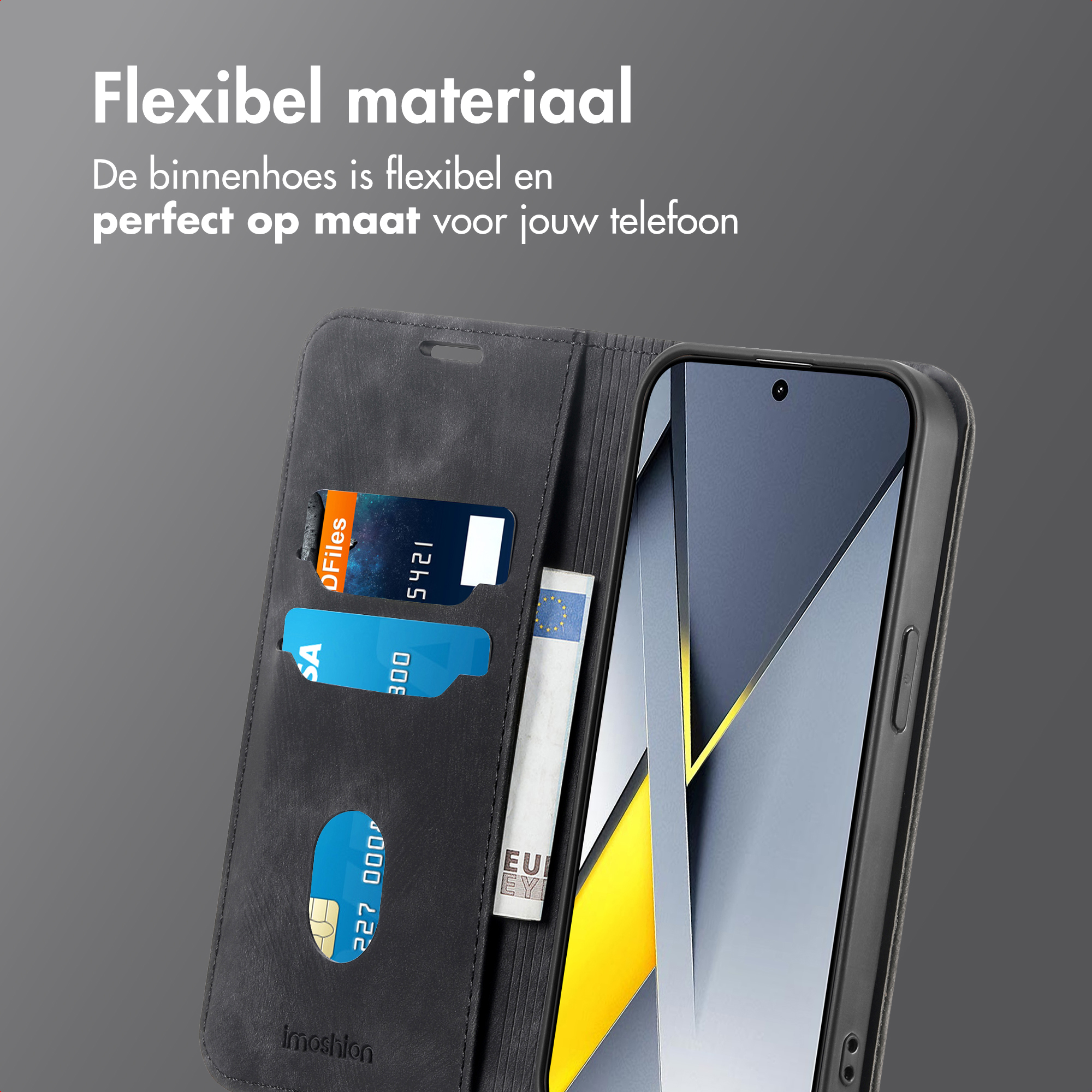 Étui de téléphone noir avec fentes pour cartes et poche. Gros plan.
