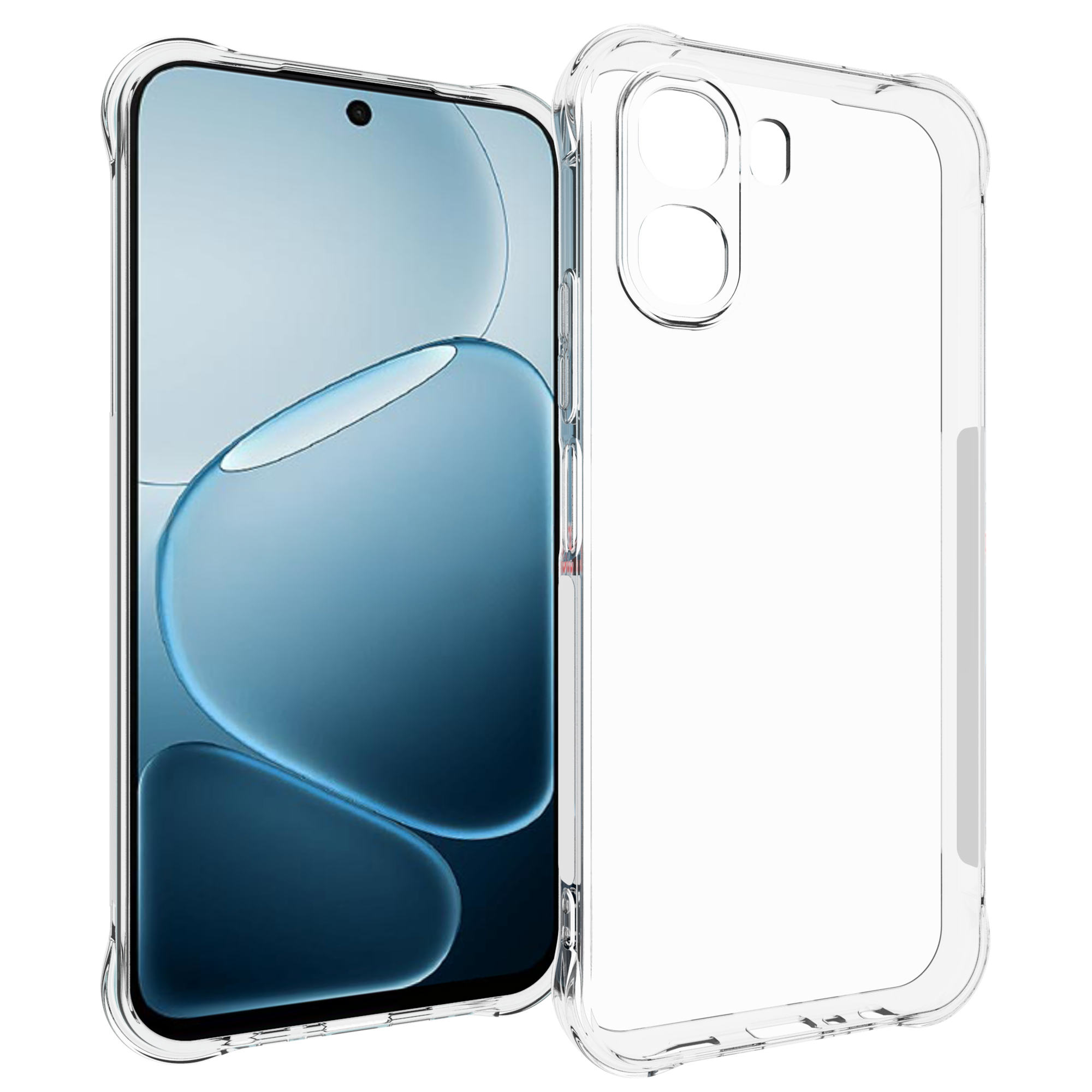 Una cover trasparente per telefono accanto a uno smartphone con sfondo blu.