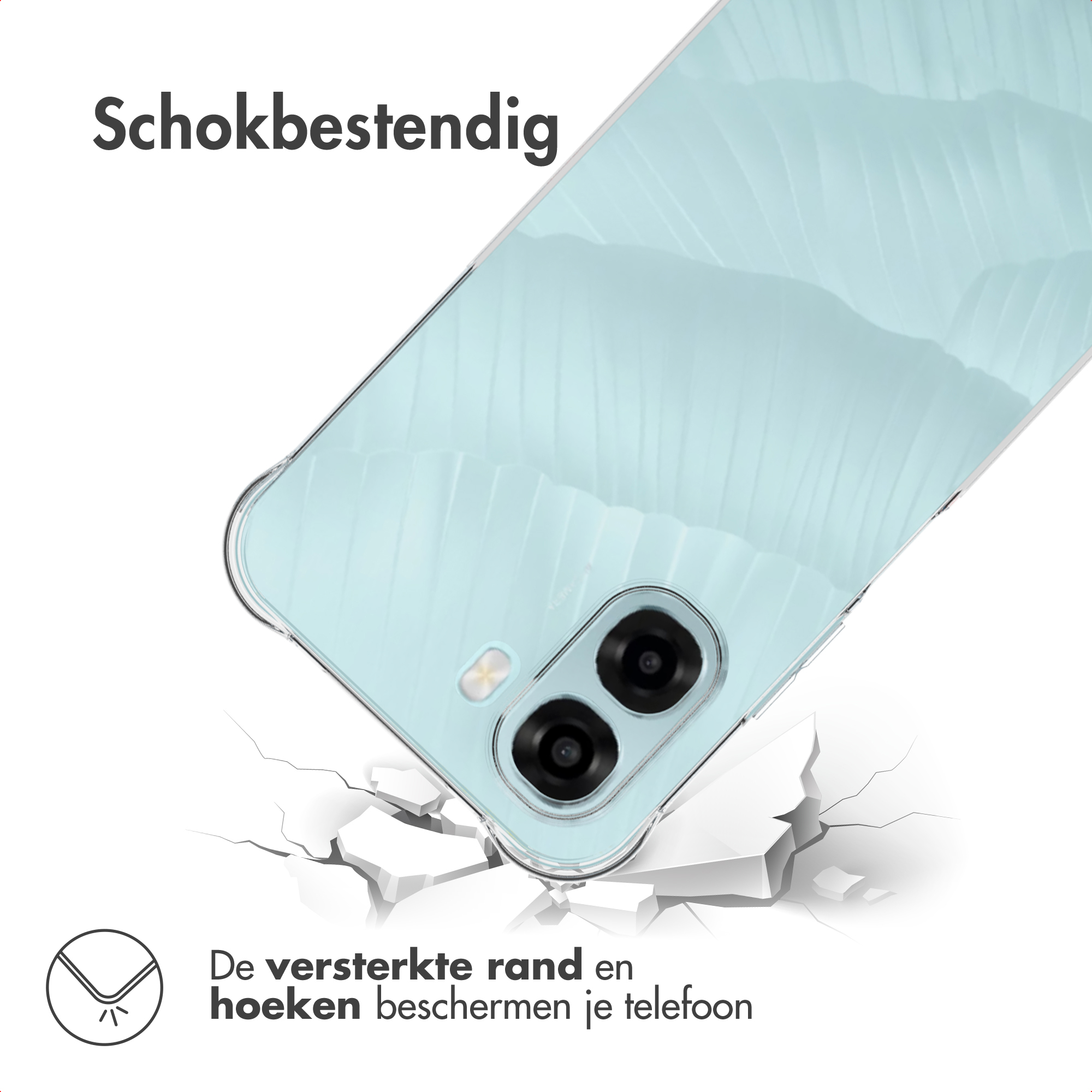 Una cover per telefono blu chiaro con angoli rinforzati cade su una superficie rotta.