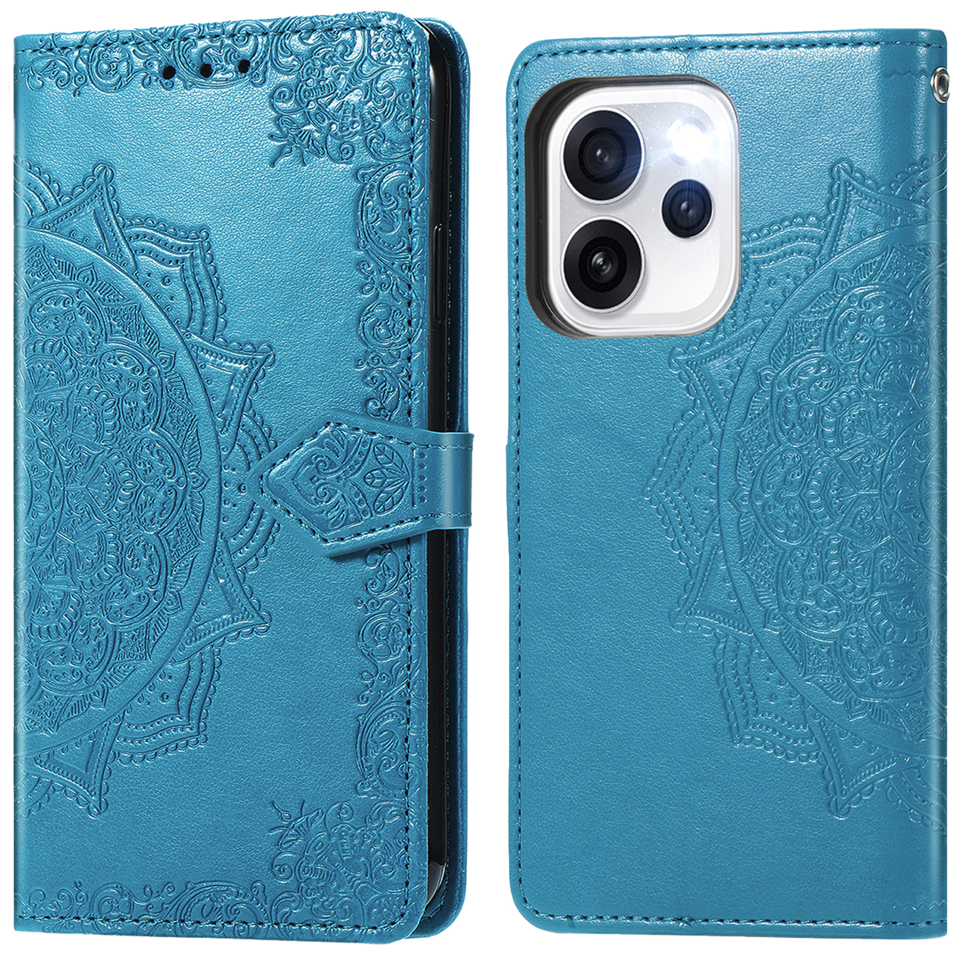 Étui de téléphone bleu avec motif mandala en relief, ouvert et fermé.