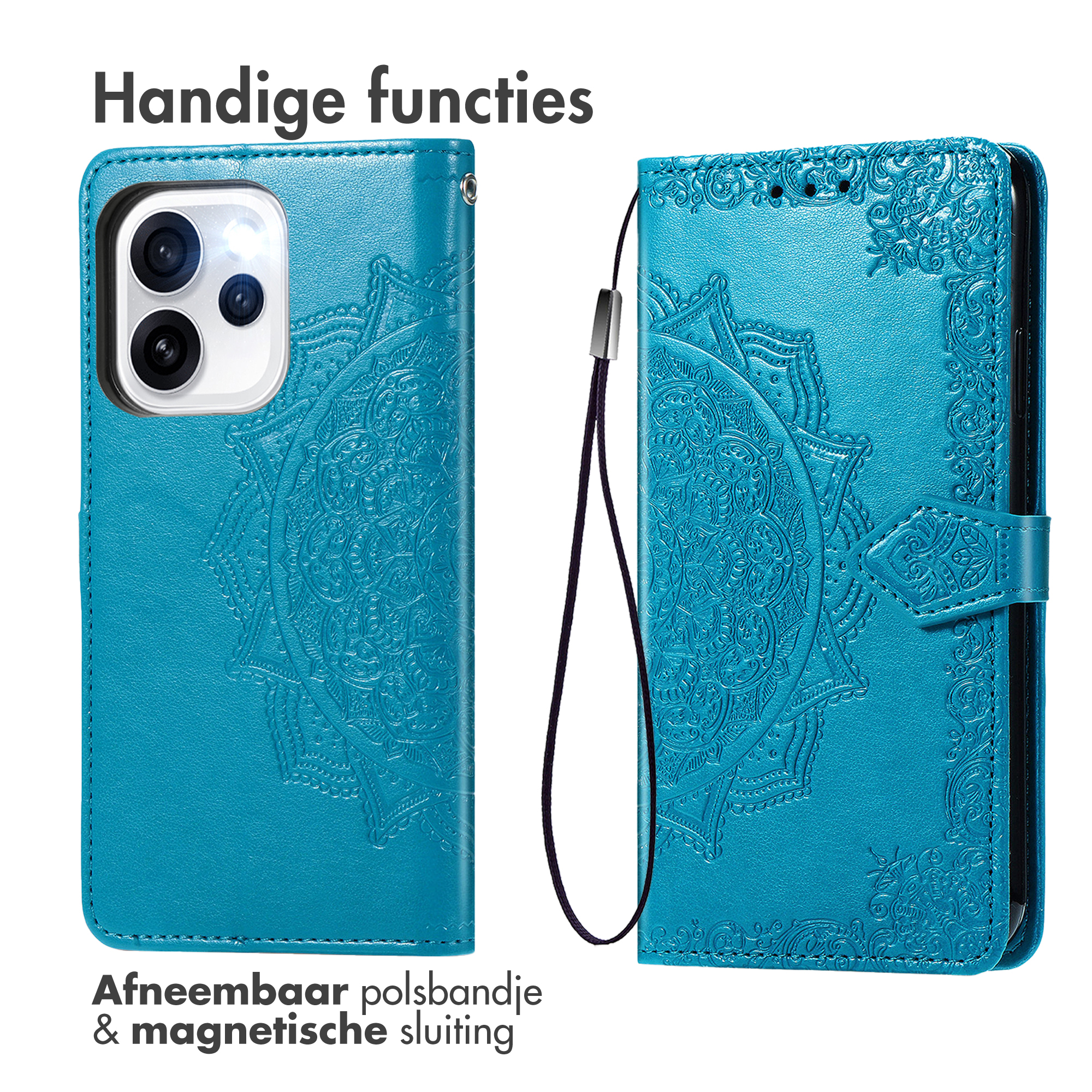 Étui de téléphone bleu avec motif mandala en relief, vues avant et arrière, avec lanière.