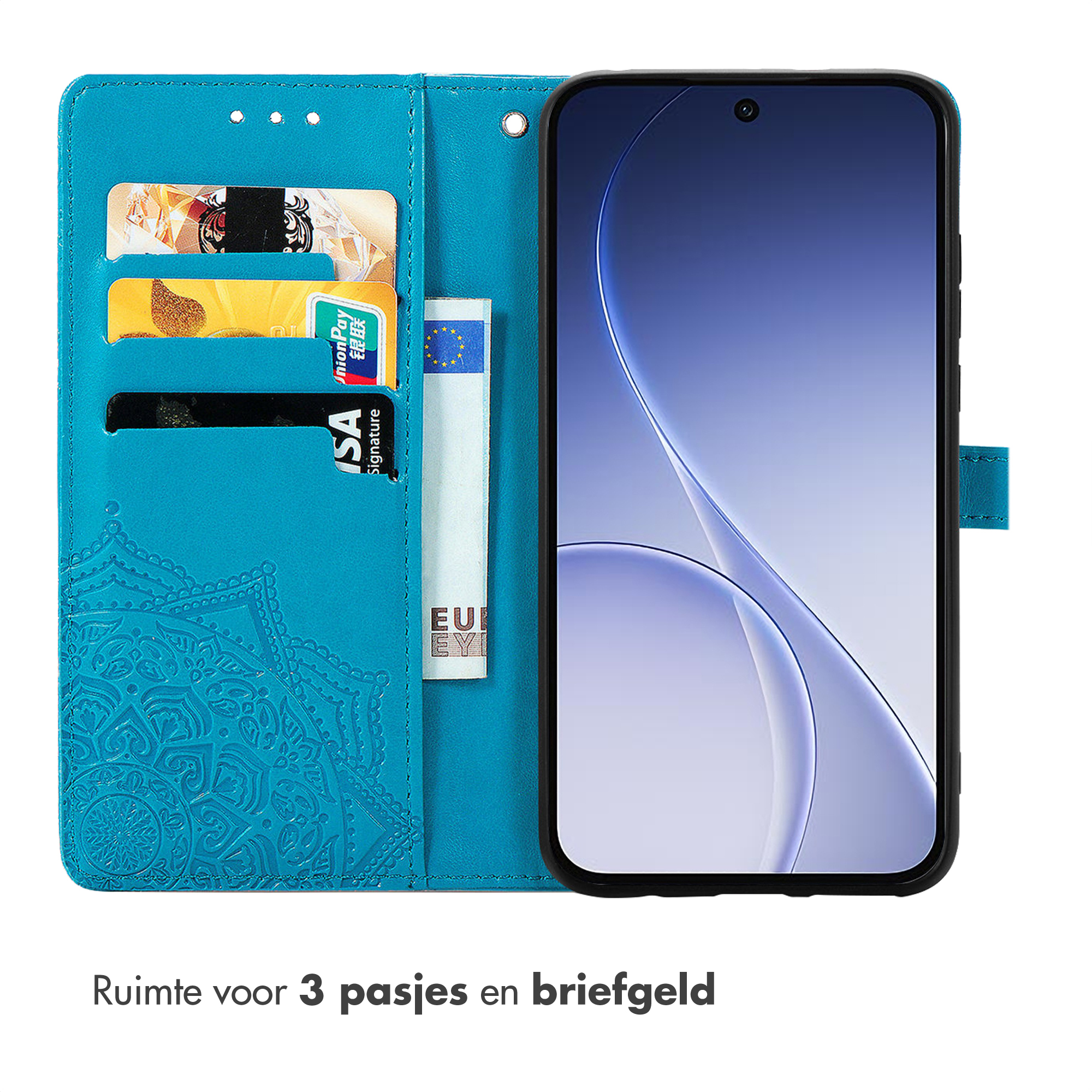 Étui de téléphone bleu avec fentes pour cartes, cartes et téléphone.