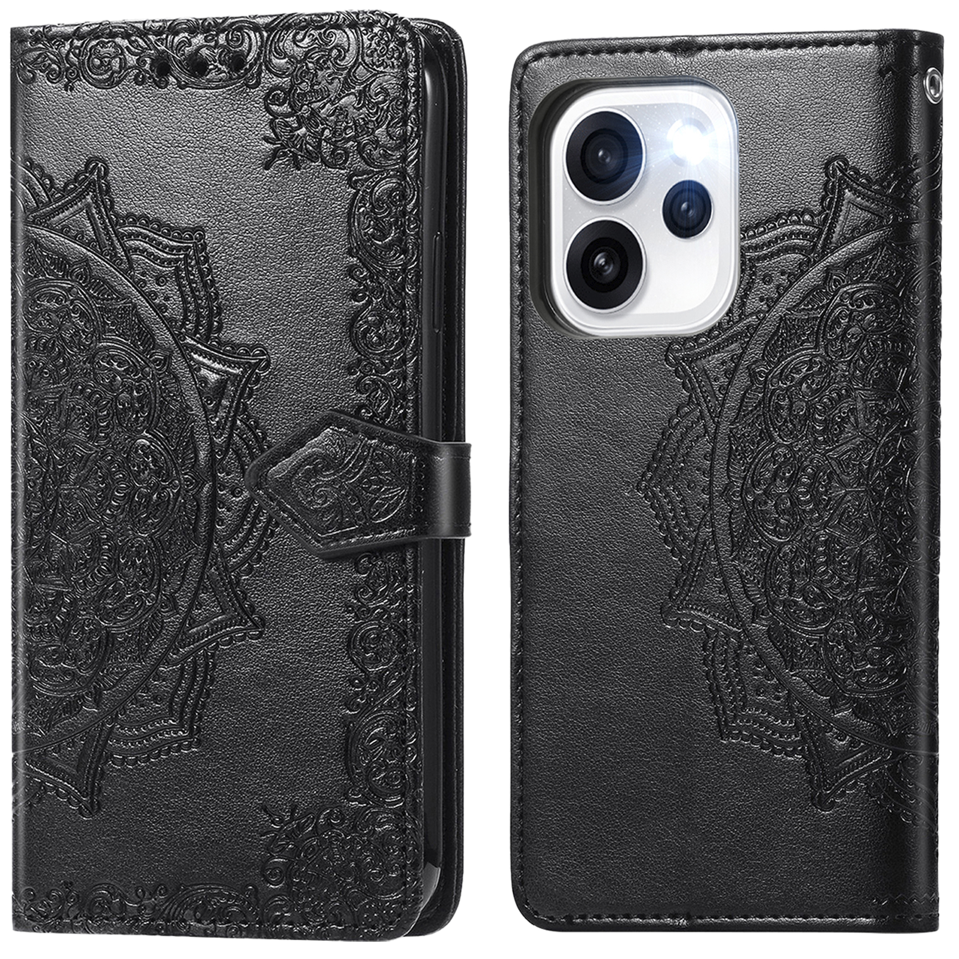 Étui de téléphone en cuir noir gaufré, ouvert et fermé. Motif mandala.