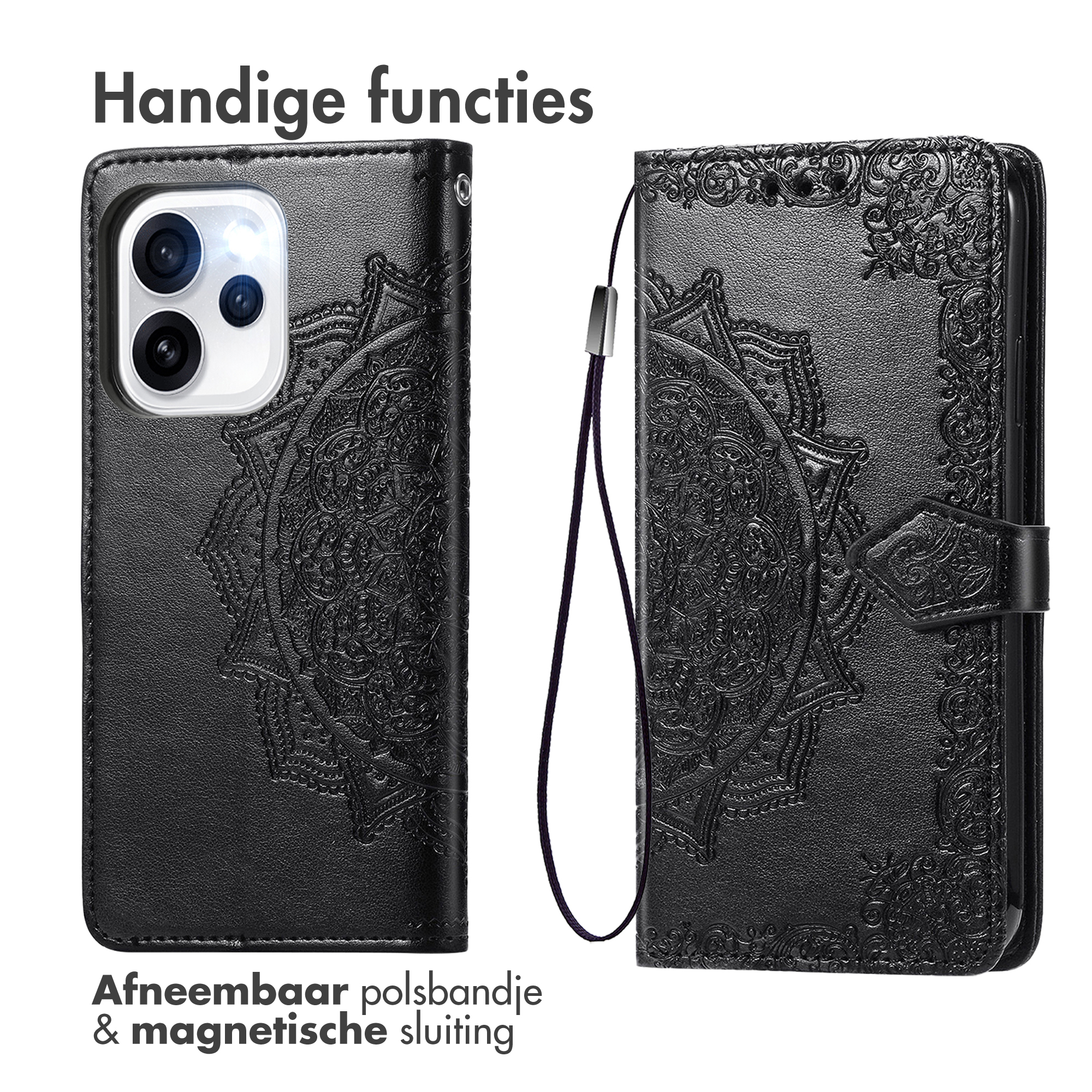 Étui noir en cuir pour iPhone avec mandala en relief et dragonne.