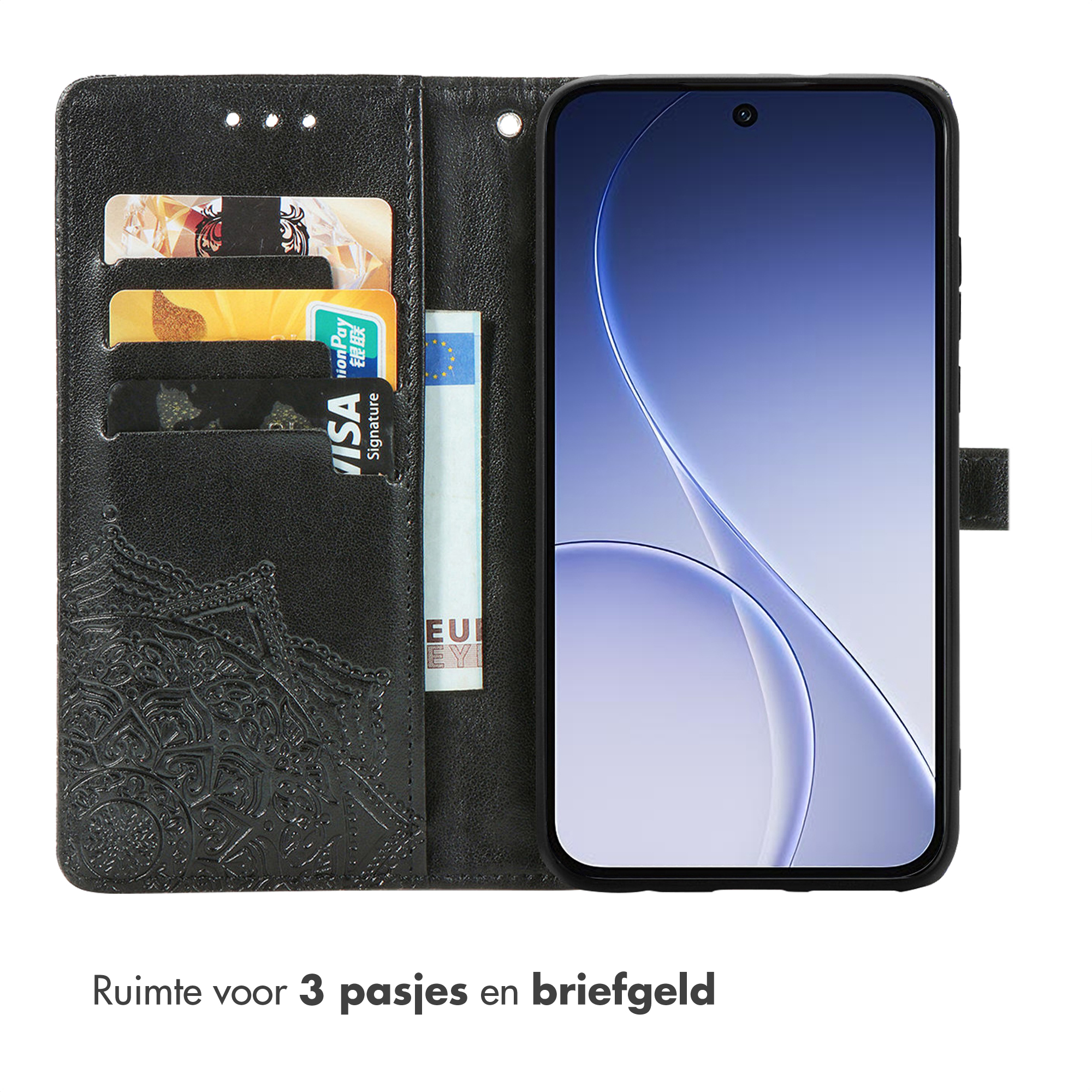 Étui à rabat noir avec téléphone, fentes pour cartes et compartiment.