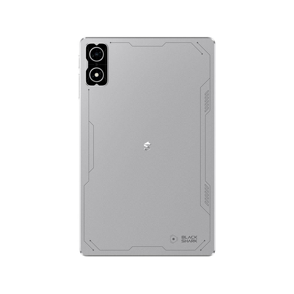 Tablet grigio con due fotocamere in alto a sinistra e un logo al centro.