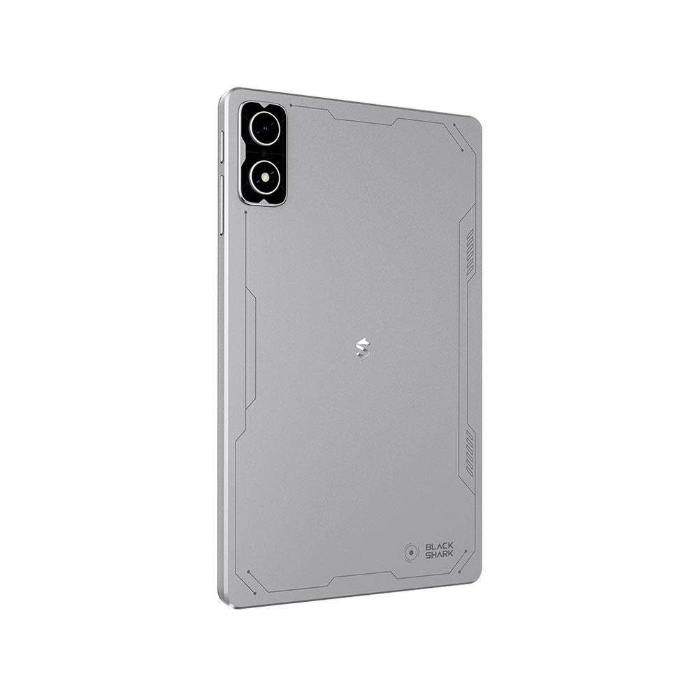 Un tablet grigio con due fotocamere e un logo sul retro.