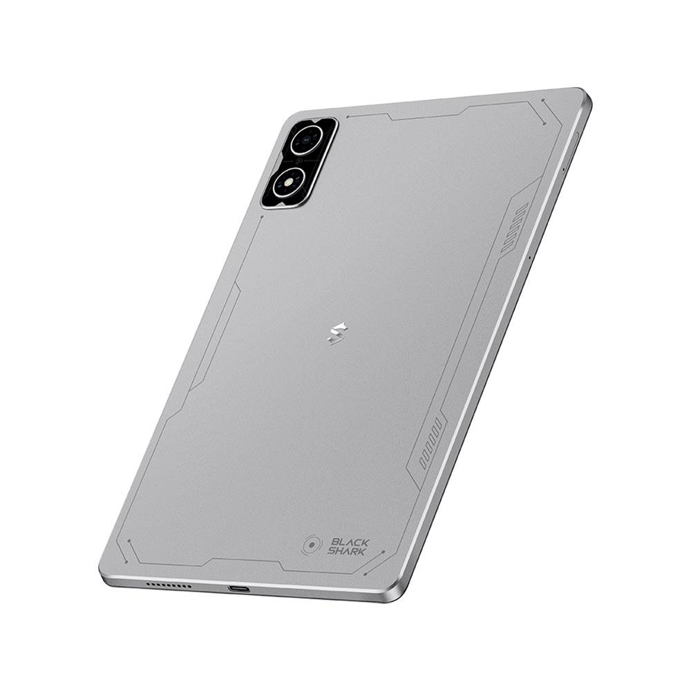 Retro di un tablet grigio con due fotocamere e logo.