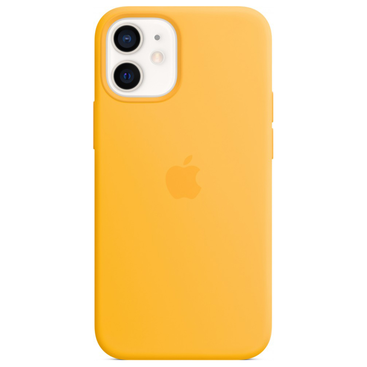 Een gele iPhone hoes met twee camera's en een Apple logo.
