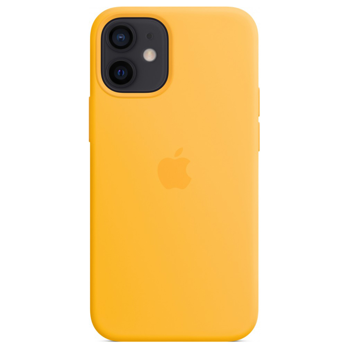 Gele iPhone hoes met Apple logo en dubbele camera op wit.