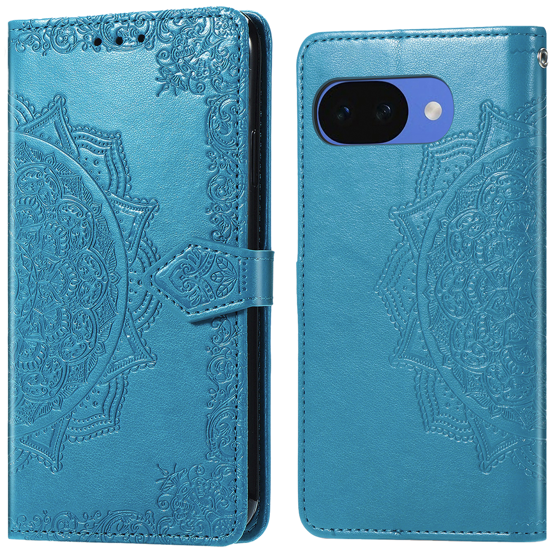Turquoise telefoonhoes met reliëf mandala patroon, open en gesloten.