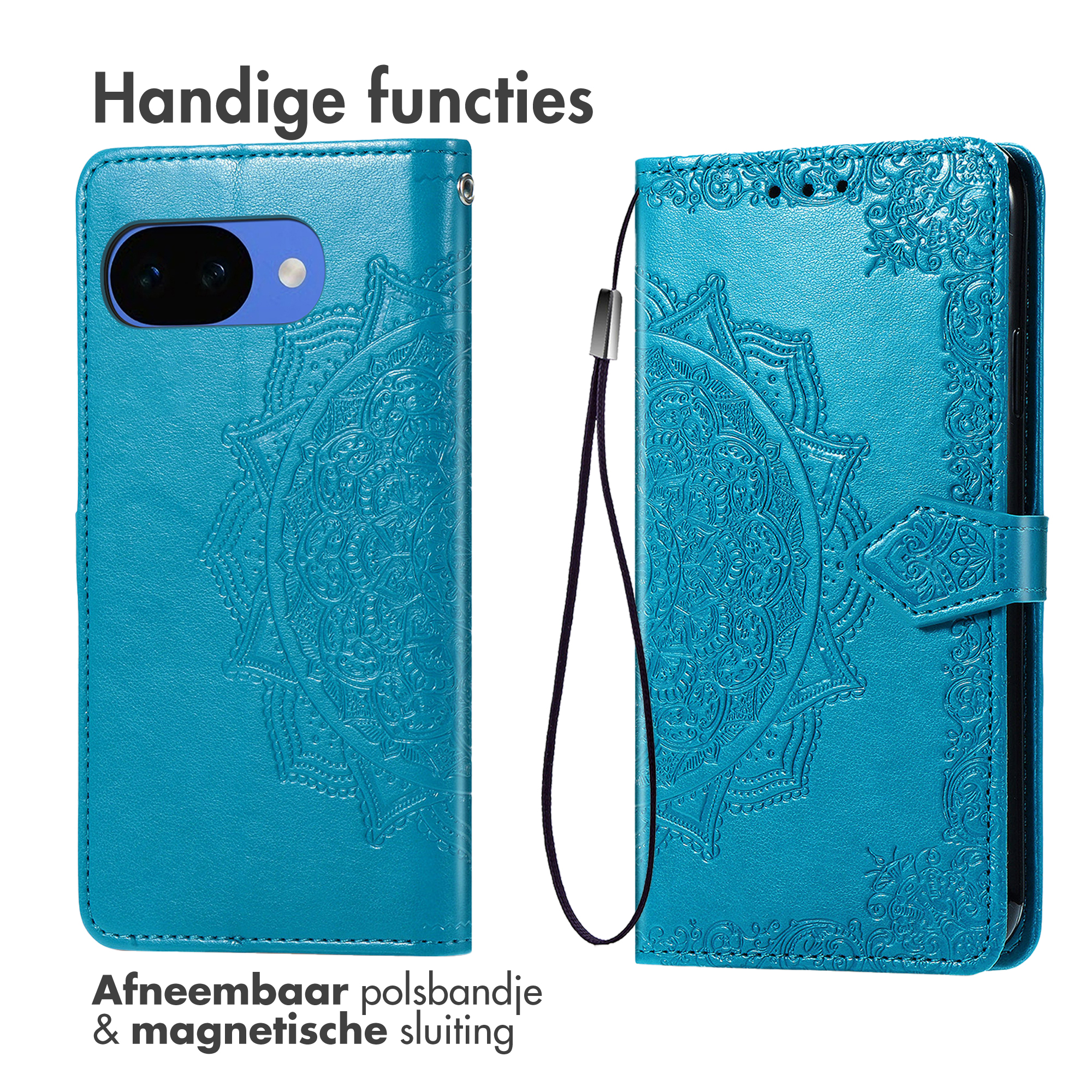 Turquoise telefoonhoes met reliëf mandala, afneembare polsband en magnetische sluiting.