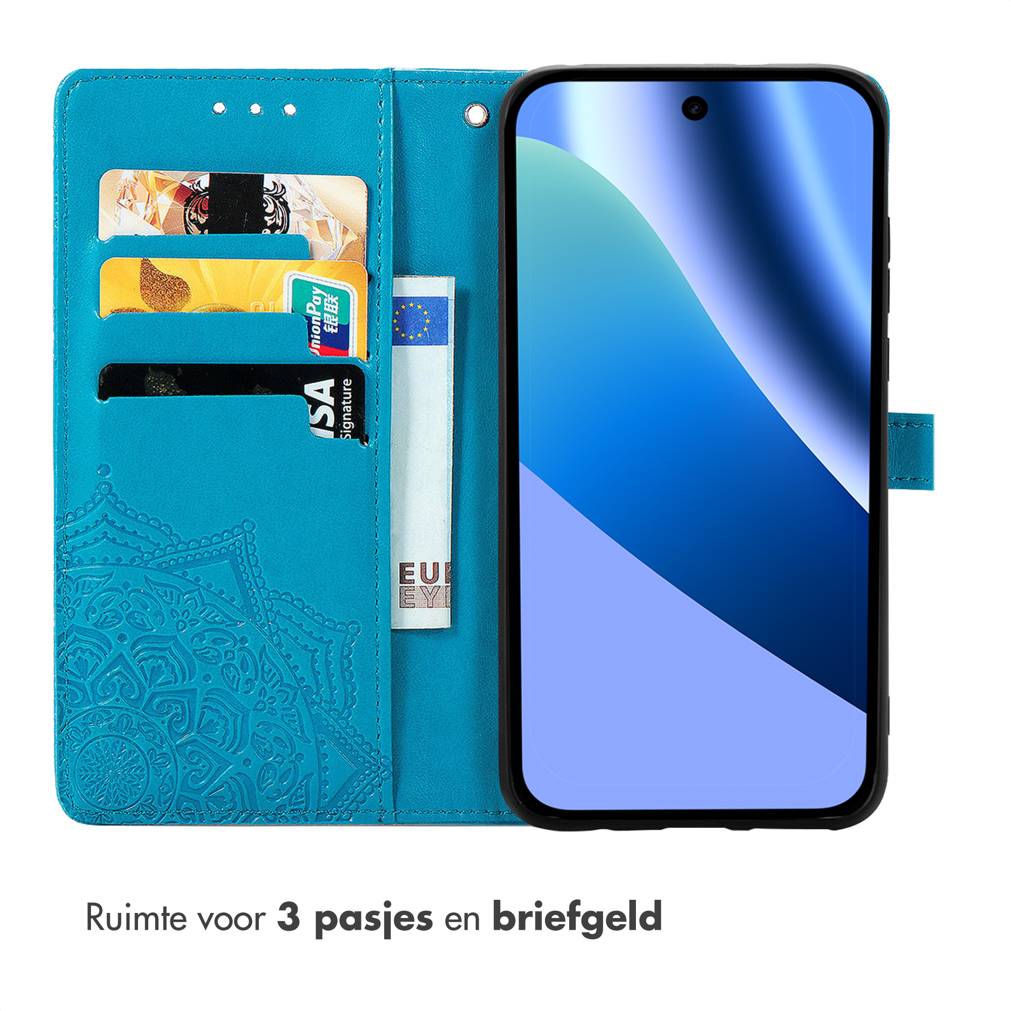 Turquoise telefoonhoesje met kaarthouders en geldvak.