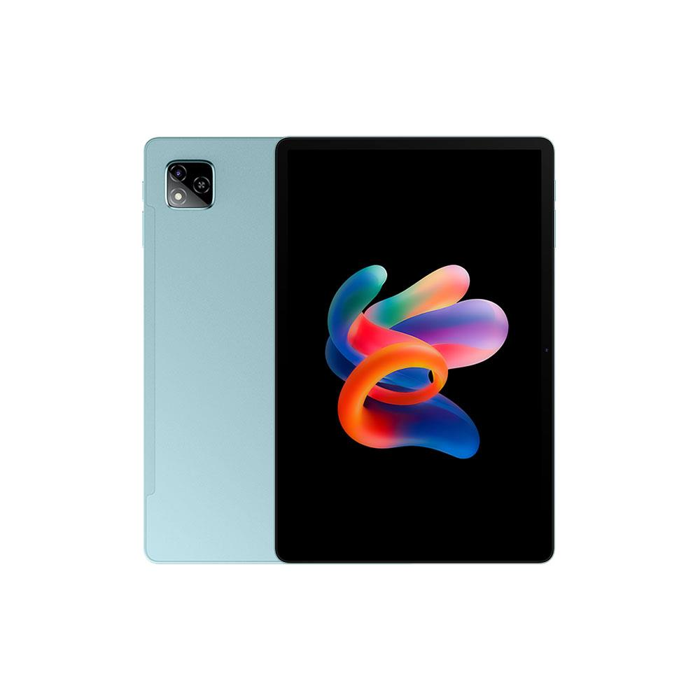 Arka kamerası olan açık mavi tablet. Ekran renkli, soyut bir şekil gösteriyor.