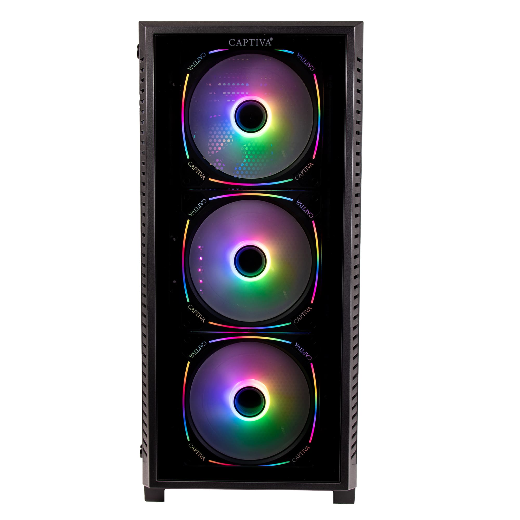 Una caja de PC negra con tres ventiladores RGB iluminados al frente.
