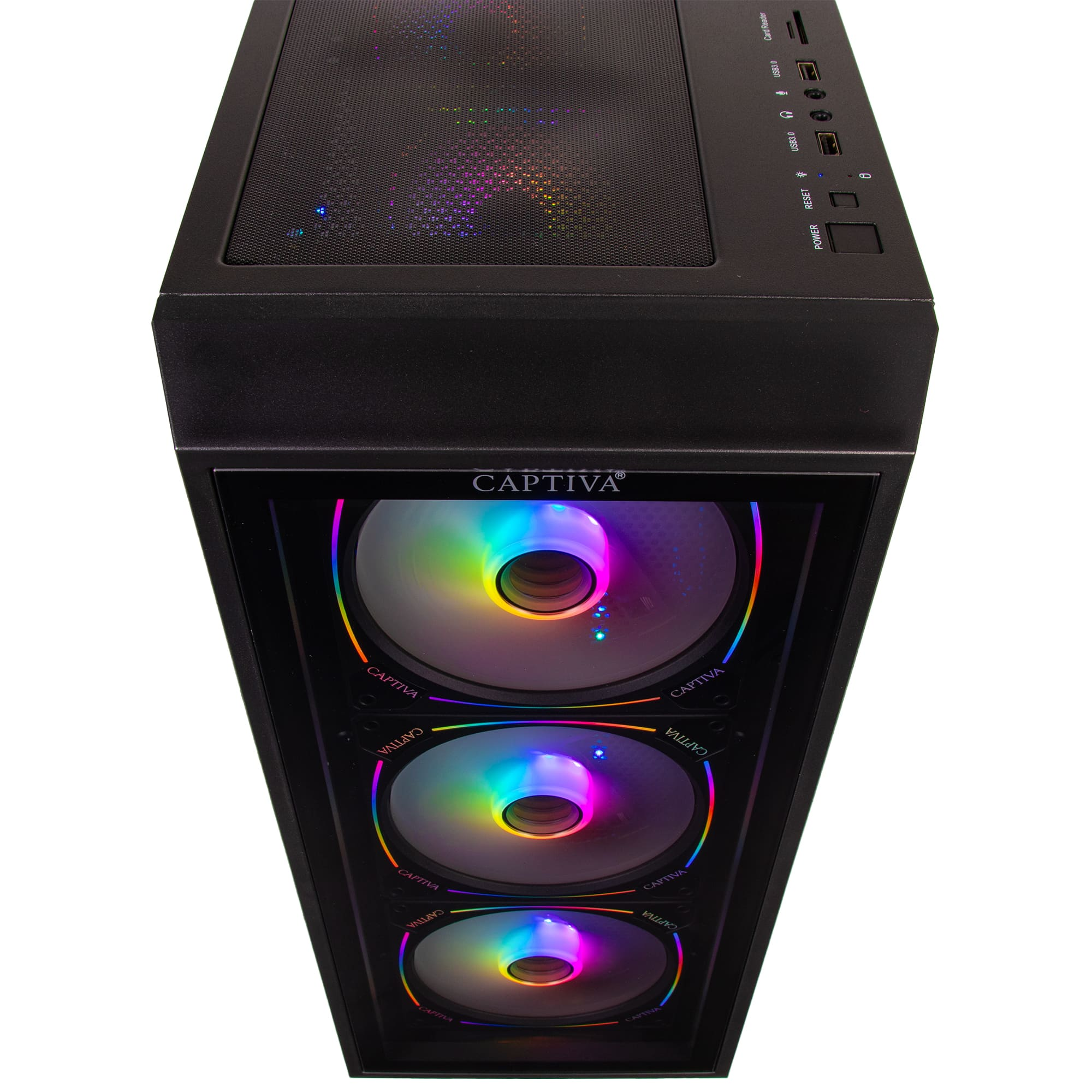 Caja de PC negra con ventiladores RGB iluminados y puertos arriba.