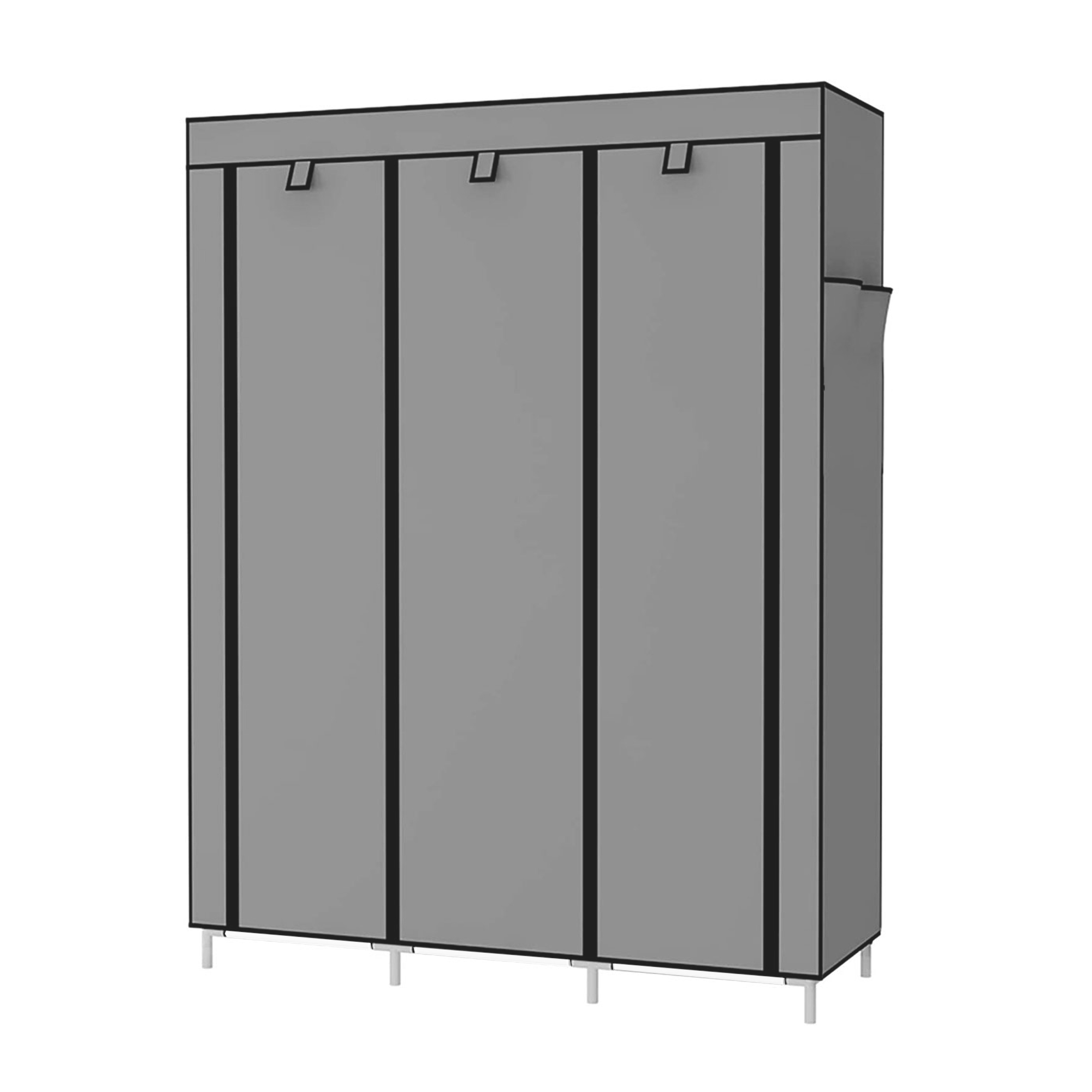 Un armario de tela gris con cuatro puertas y detalles negros.