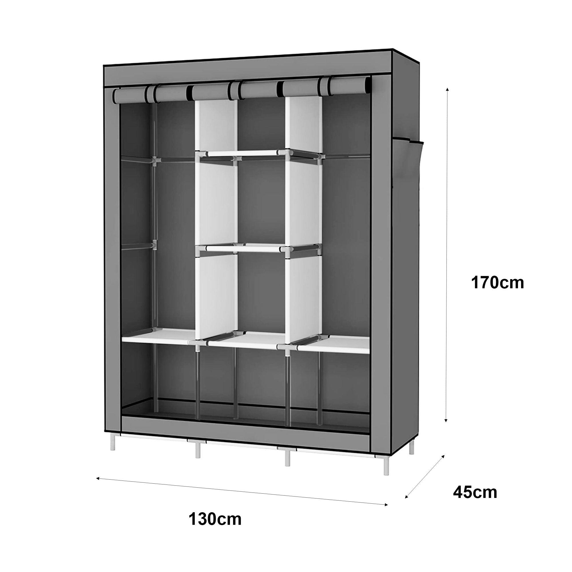 Armario de tela gris con estantes y barras para colgar. Dimensiones: 130x45x170cm.