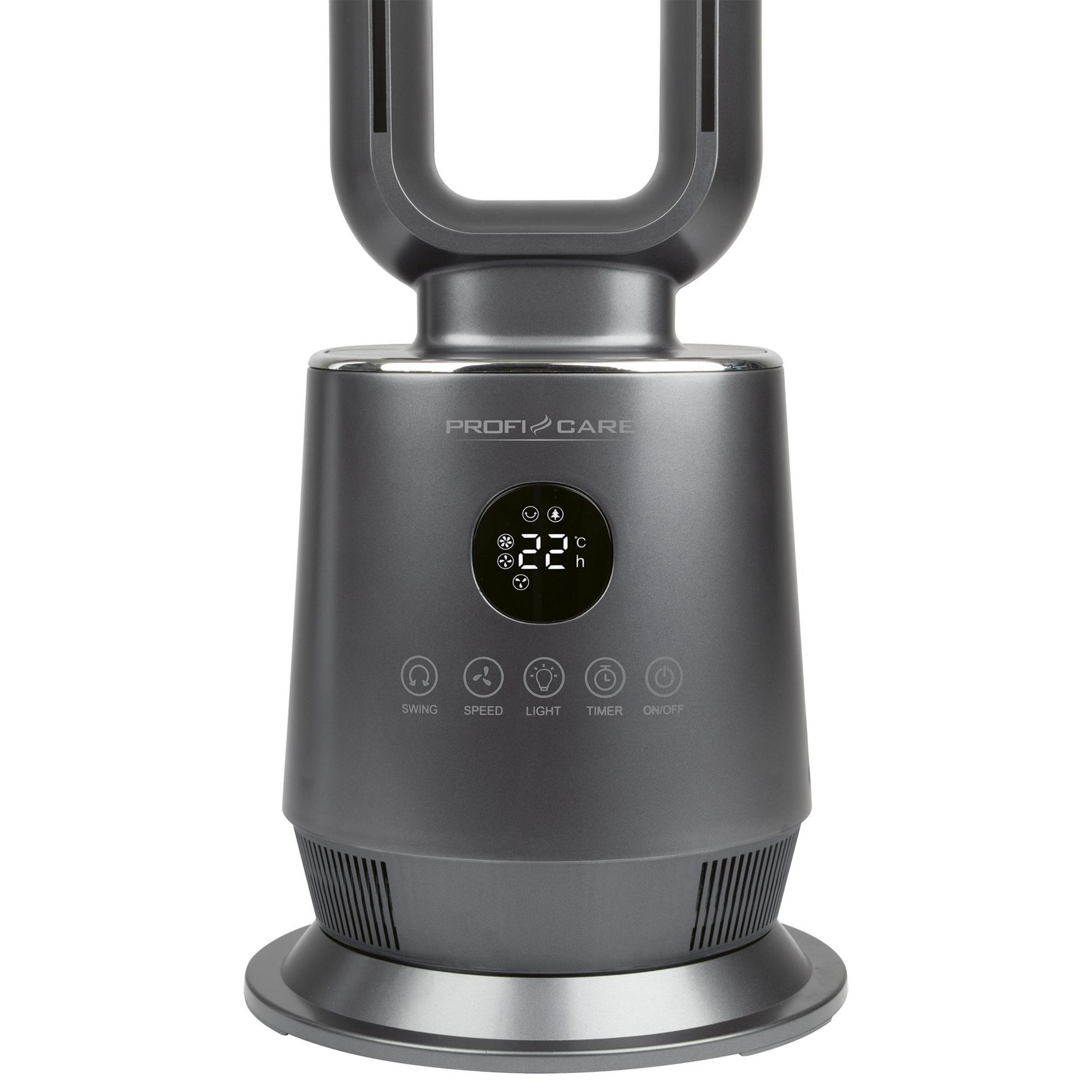 Grauer Turmventilator mit digitaler Anzeige von 22°C und Bedienelementen.