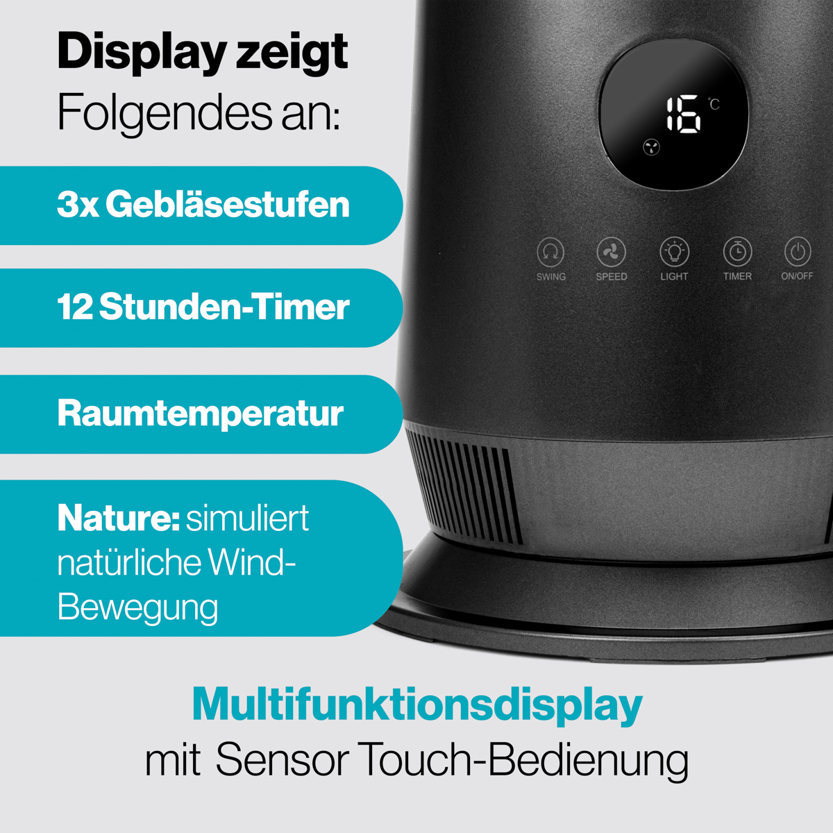 Ein schwarzer Turmventilator mit Touchscreen-Bedienfeld und Anzeige von 16°C.
