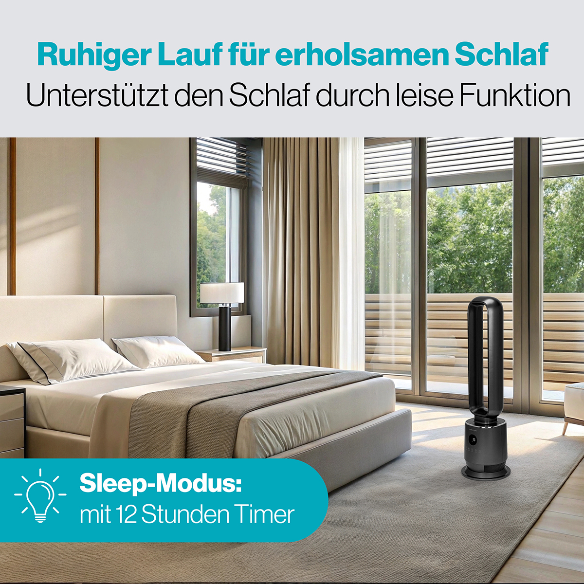 Ein schwarzer Turmventilator steht im Schlafzimmer neben einem Bett.