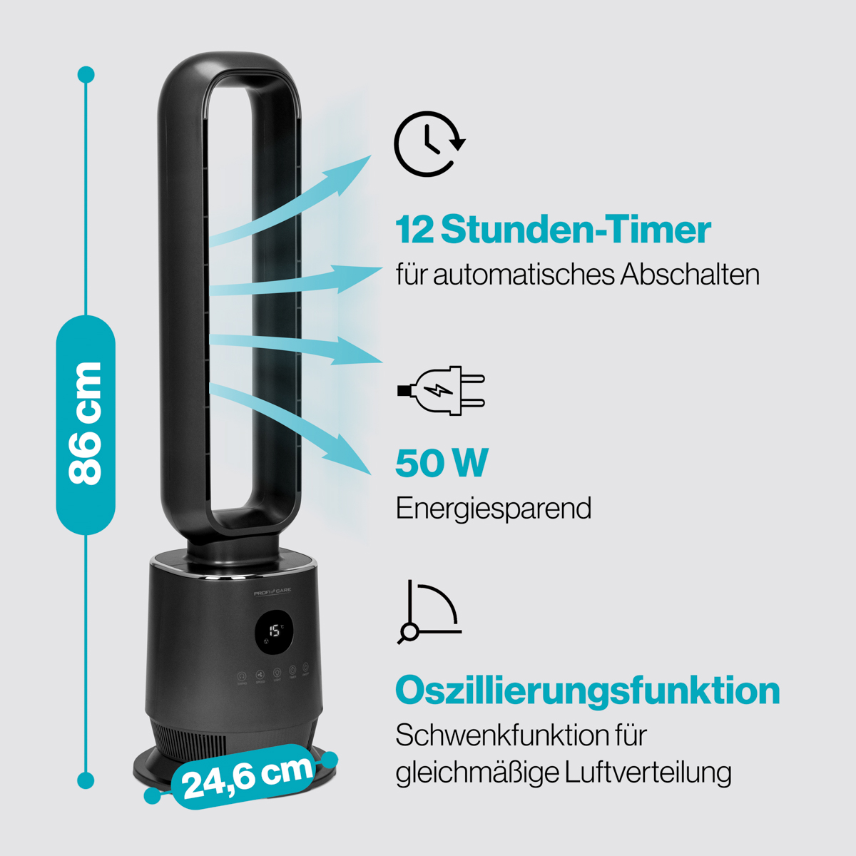 Schwarzer Turmventilator, 86cm hoch, 24,6cm breit, mit Timer, 50W, Oszillationsfunktion.