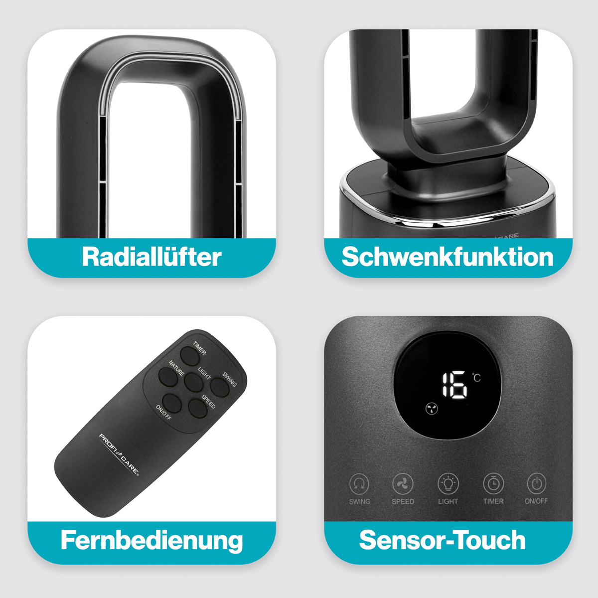 Ein Ventilator mit Radiallüfter, Schwenkfunktion, Fernbedienung und Sensor-Touch.