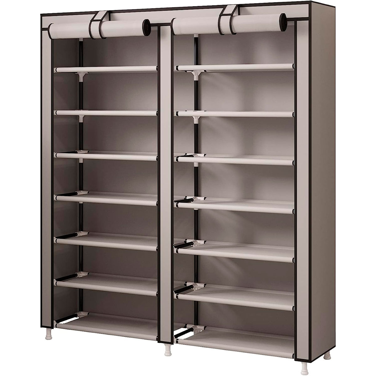 Estantería gris con múltiples niveles y postes blancos.