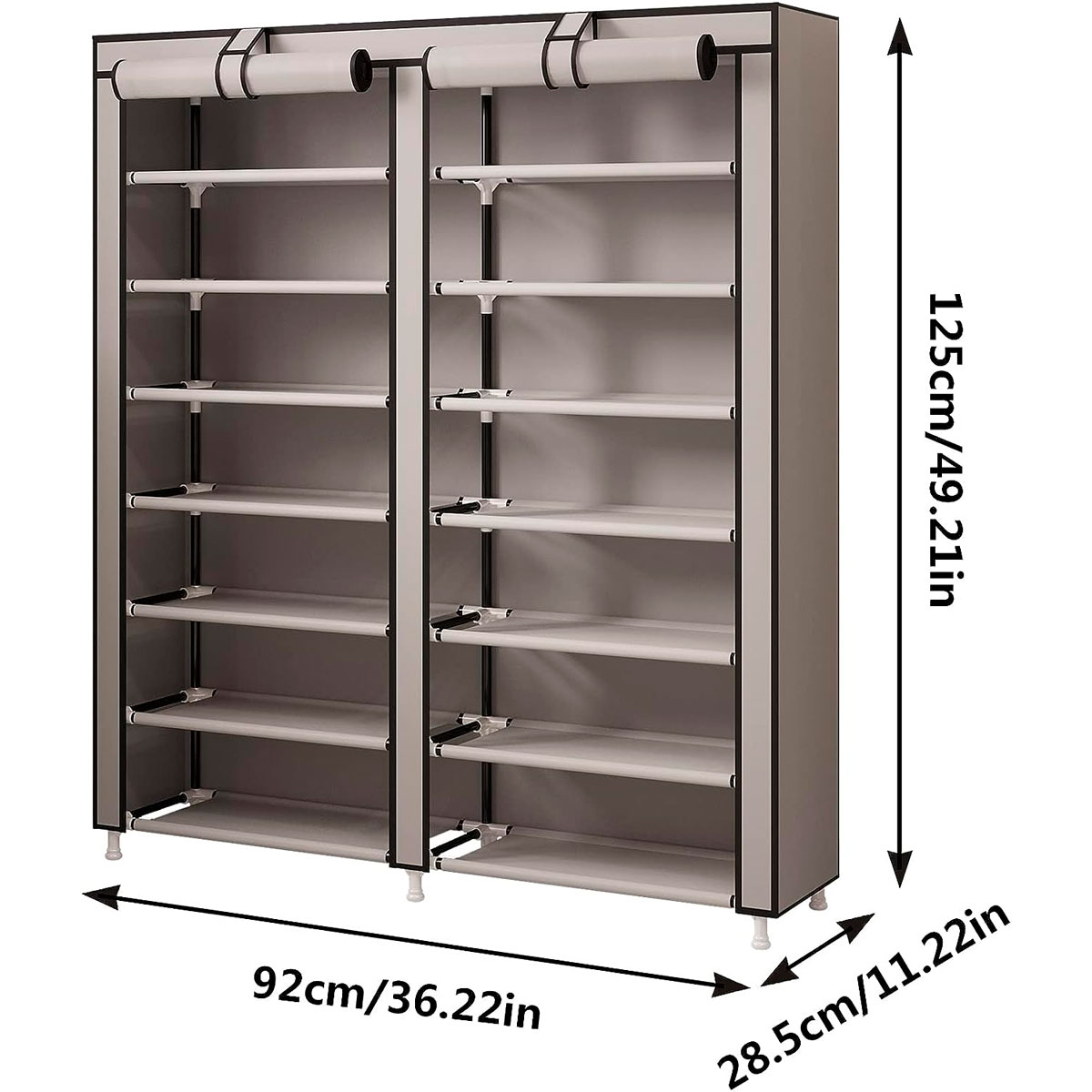 Zapatero gris de 12 niveles, dimensiones 125x92x28,5 cm.