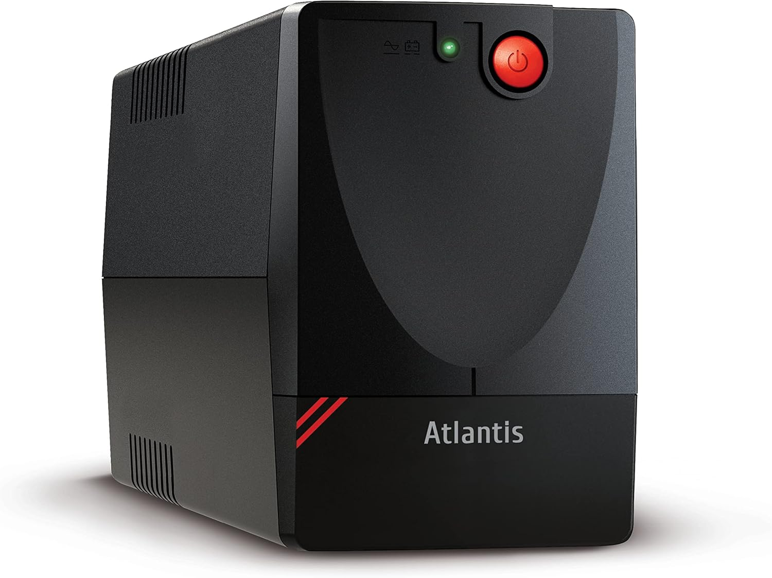 UPS Atlantis nero con pulsante rosso e LED verde.