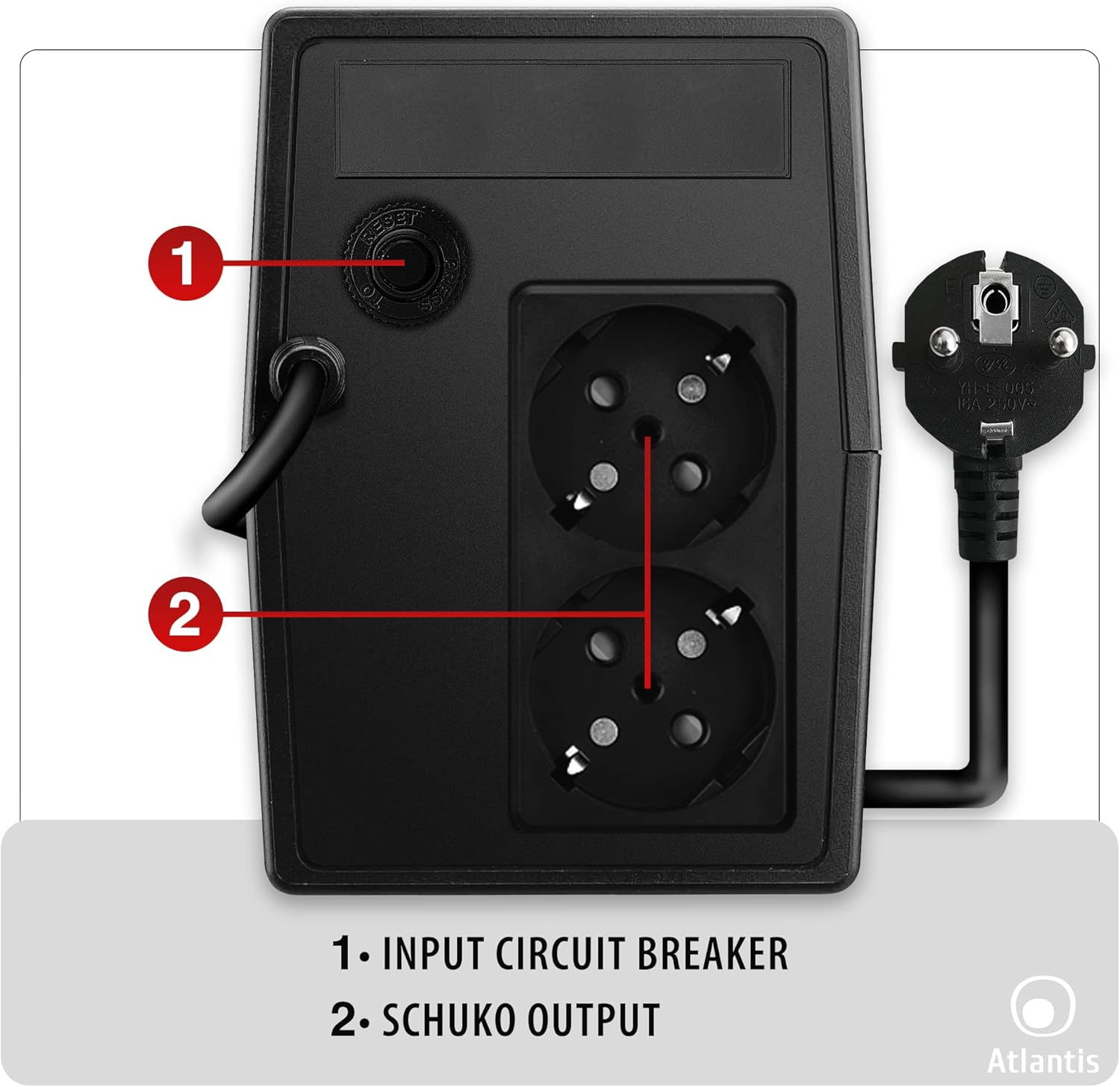 Multipresa nera con pulsante di reset, due prese Schuko e una spina.