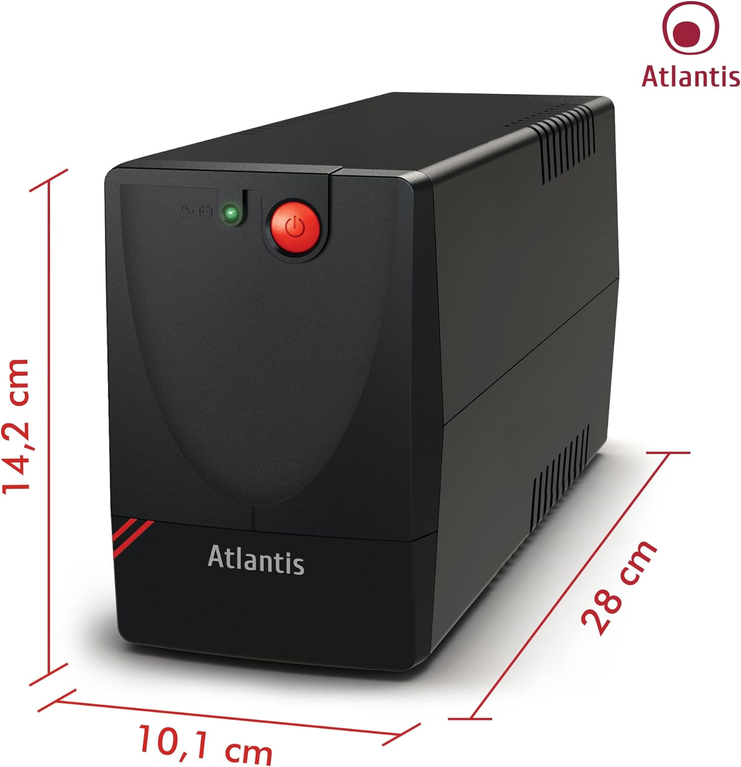 UPS Atlantis nero, dimensioni 10,1x14,2x28cm, con pulsante rosso.
