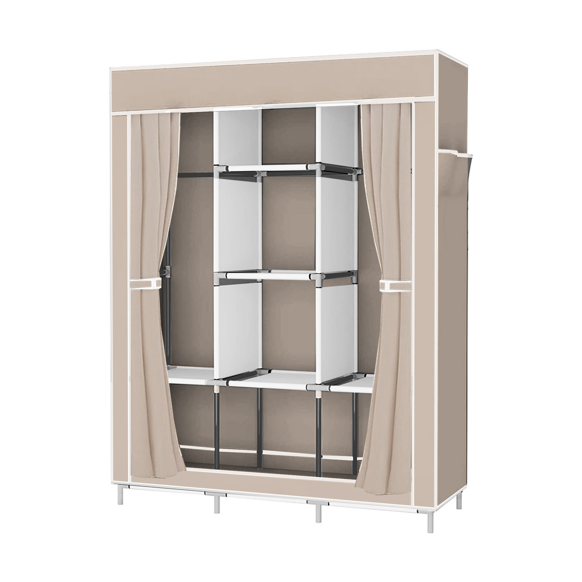 Armario de tela beige con estantes blancos y cortinas.