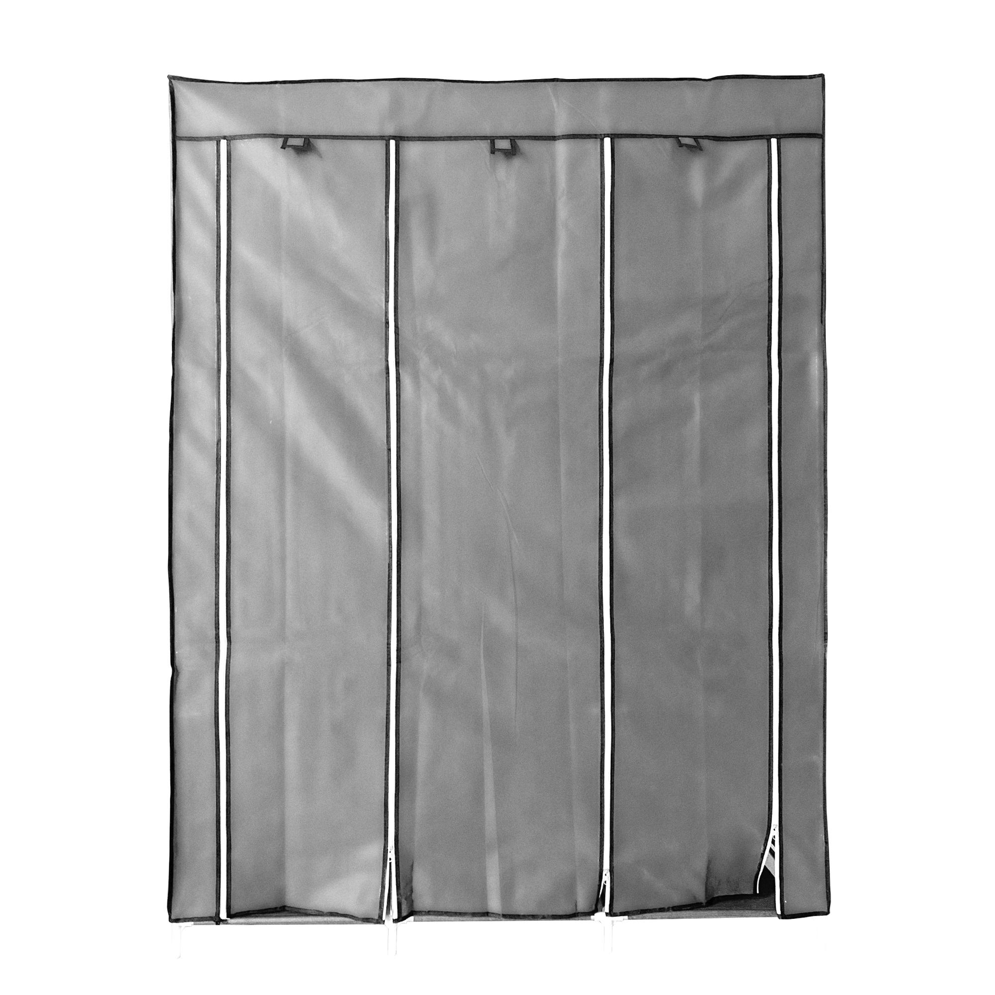 Armario de tela gris con tres puertas con cremallera y trabillas arriba.