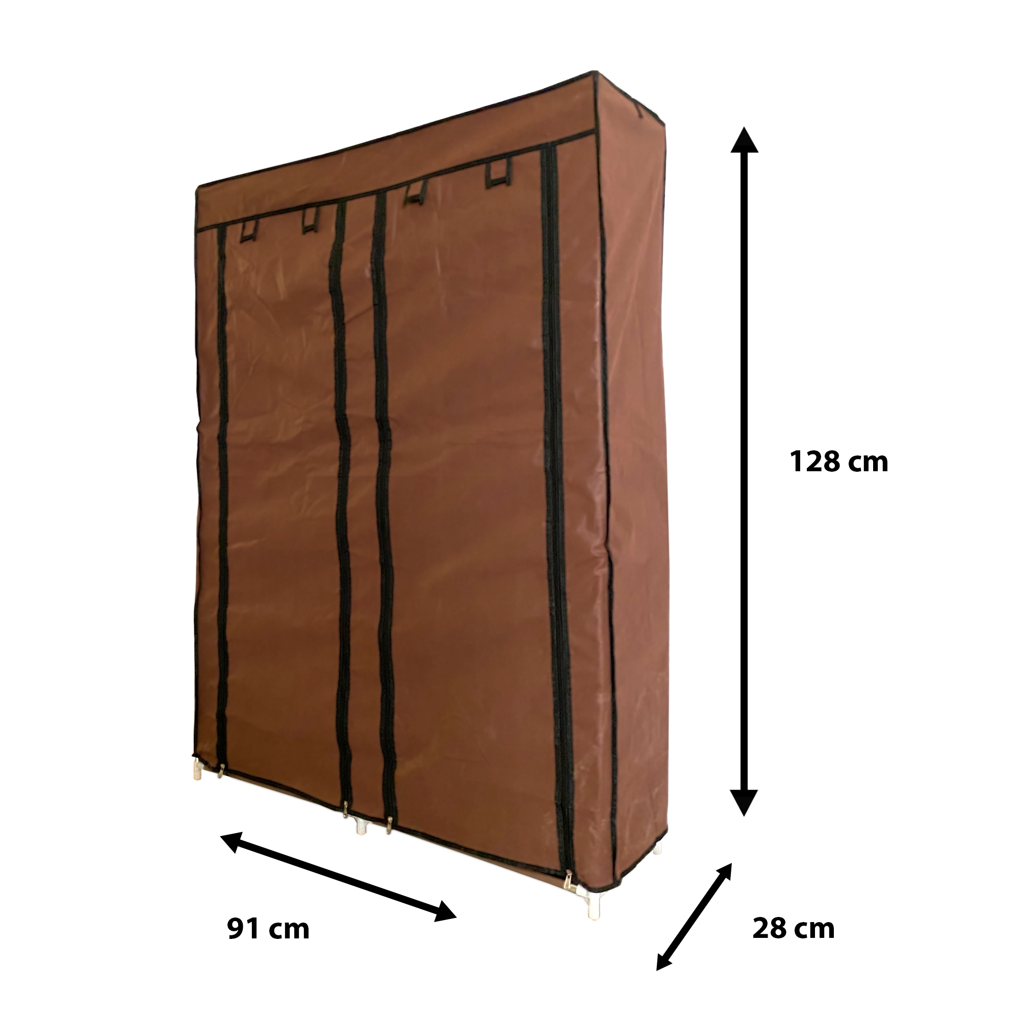 Armario de tela marrón con tres cremalleras. Dimensiones: 91x28x128cm.
