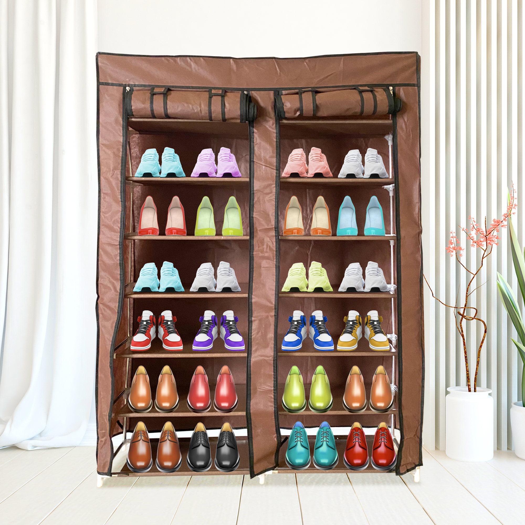 Un zapatero marrón con múltiples estantes llenos de varios zapatos.