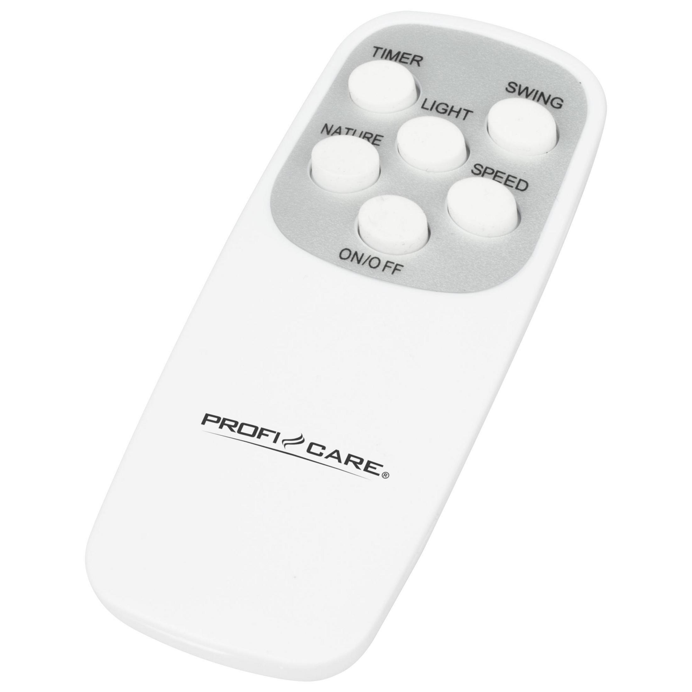 Un telecomando bianco con pulsanti per Timer, Luce, Oscillazione, Natura, Velocità e Accensione/Spegnimento.